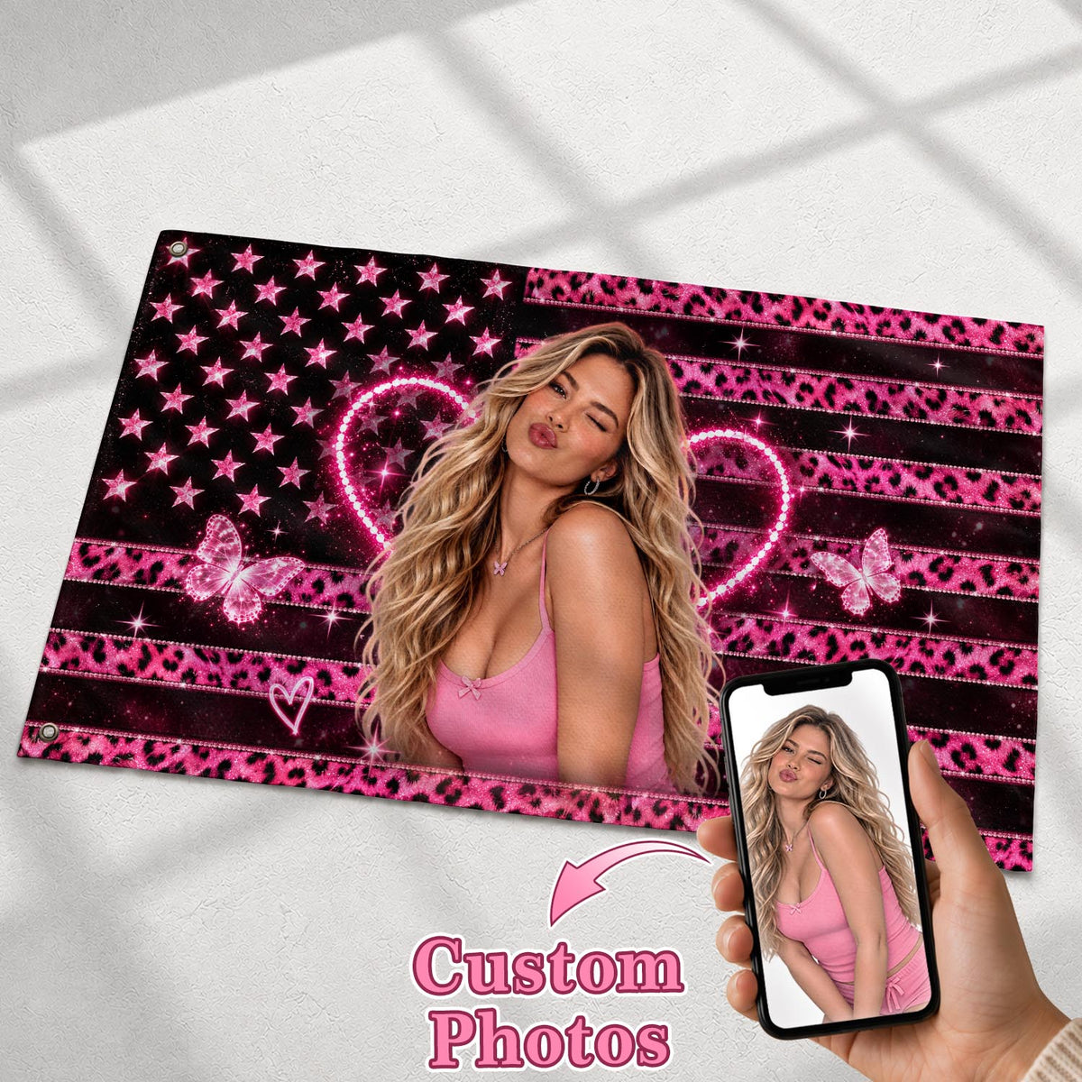 Customized Photo Flag Personalized Picture Banner Leopard Heart Aesthetic Room Decor
