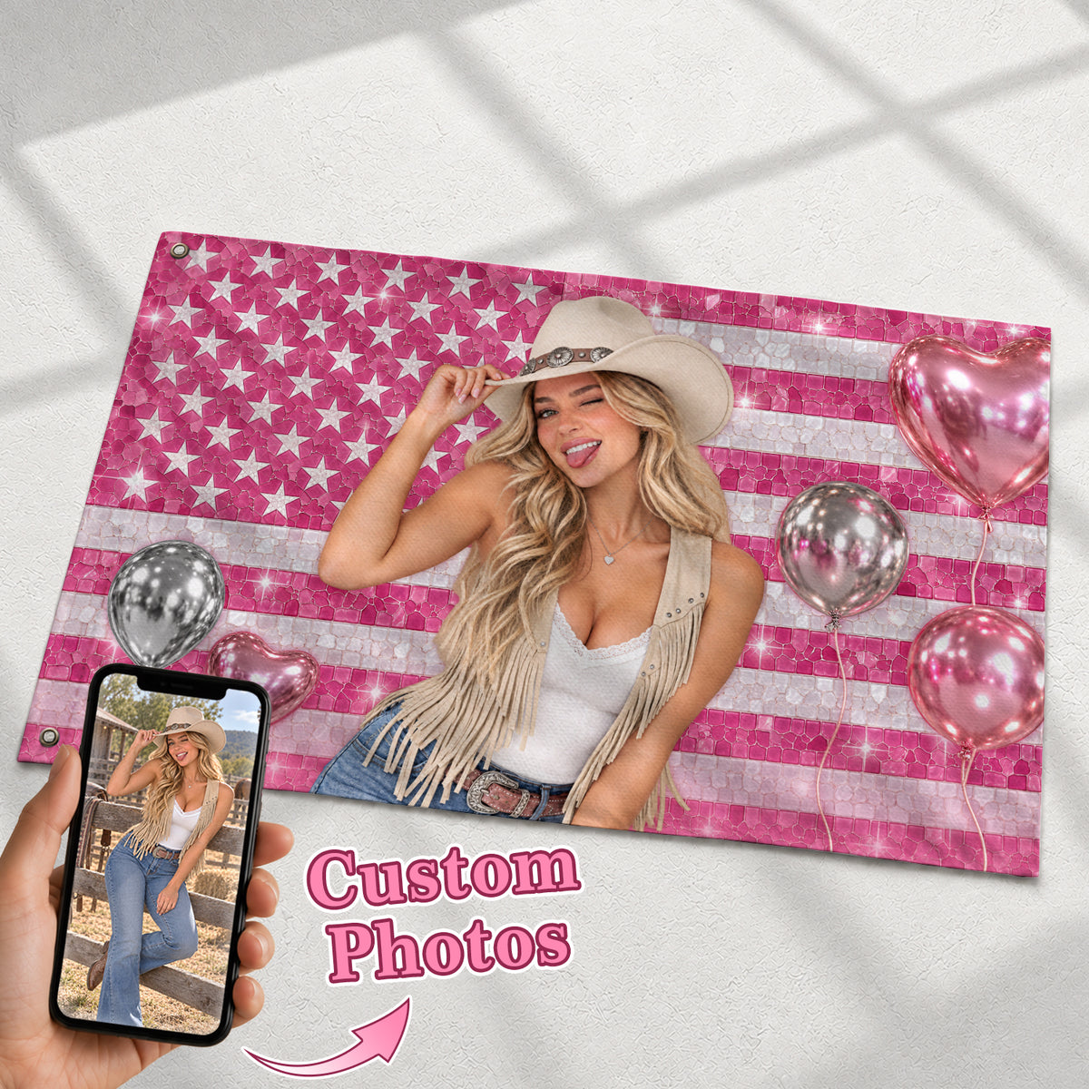 Custom Photo Flag Personalized Picture Flag Pink Glitter American Flag Home Yard Decor