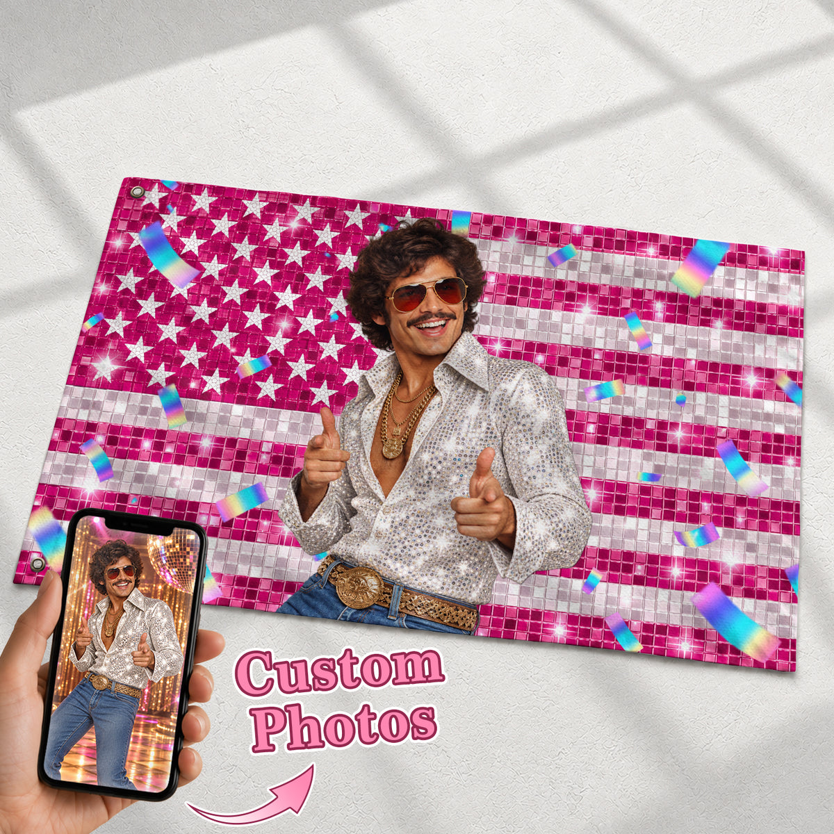 Custom Photo Flag Personalized Picture Flag Pink Glitter Patriotic Party Home Decor