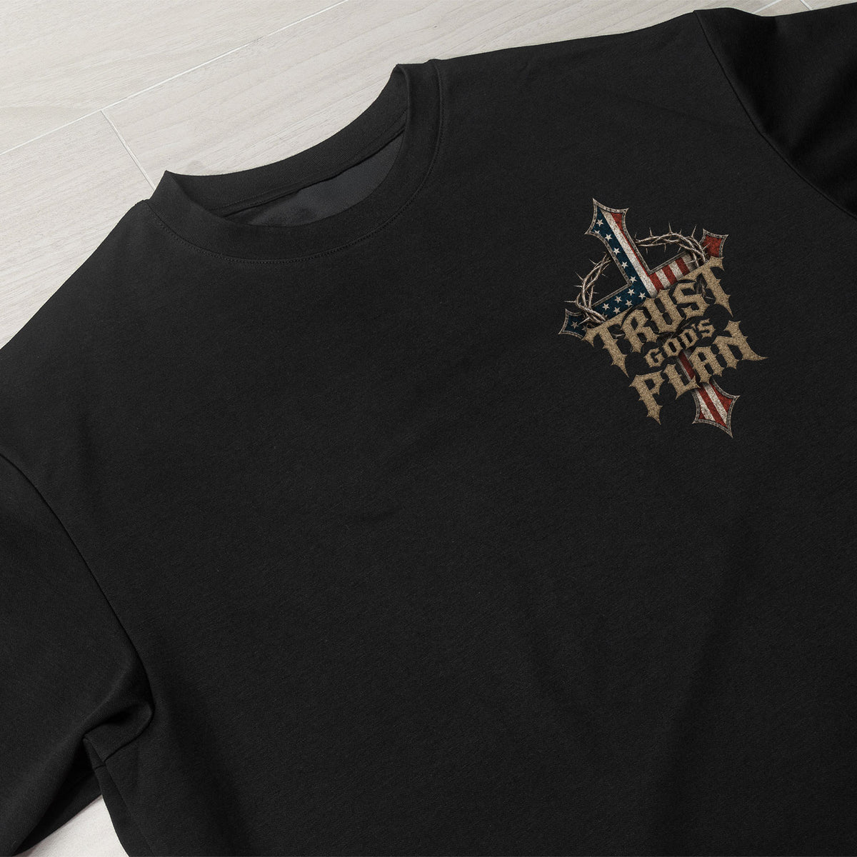 Trust Gods Plan Crown Of Thorns Cross American Flag Mens Graphic T Shirt Clothing - Rust Field Wear
