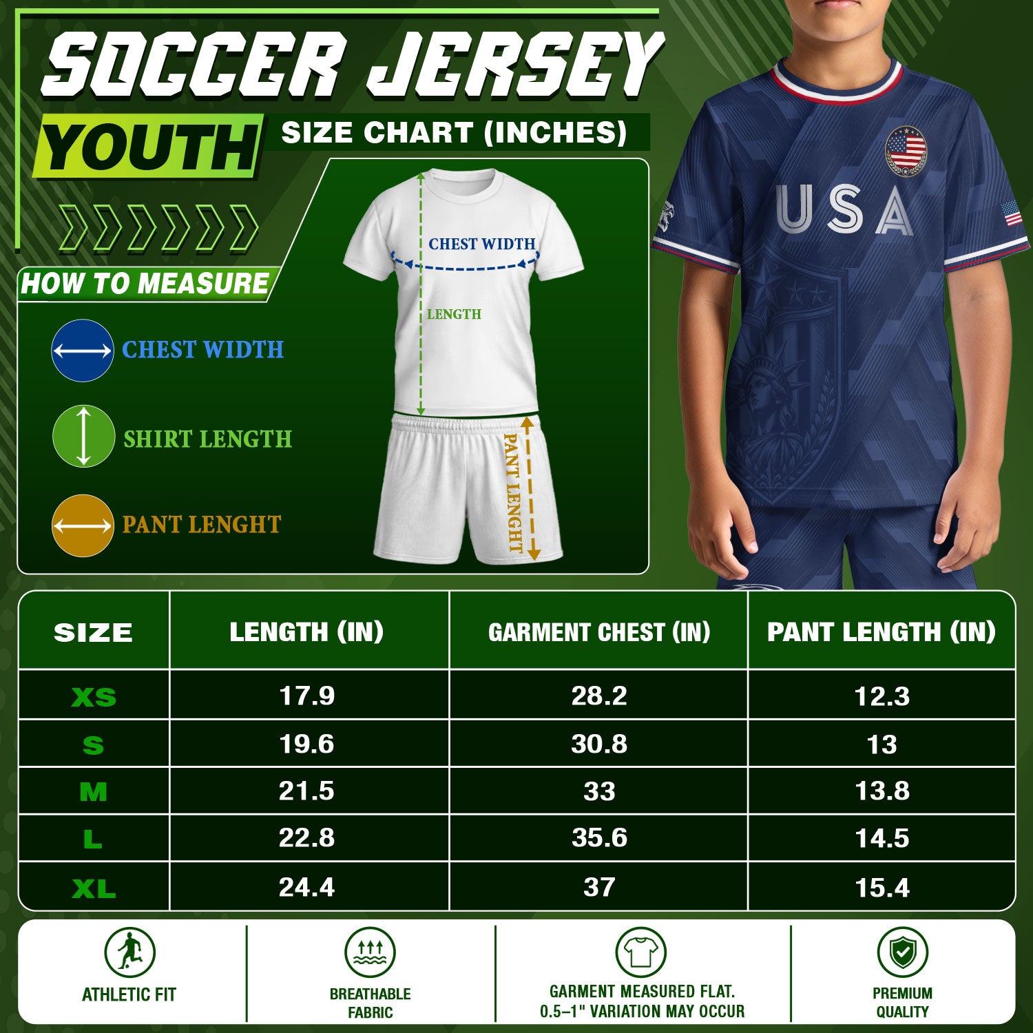 USA Soccer Jersey Kids Set Navy Patriotic Youth Football Shirt Shorts Outfit Kit