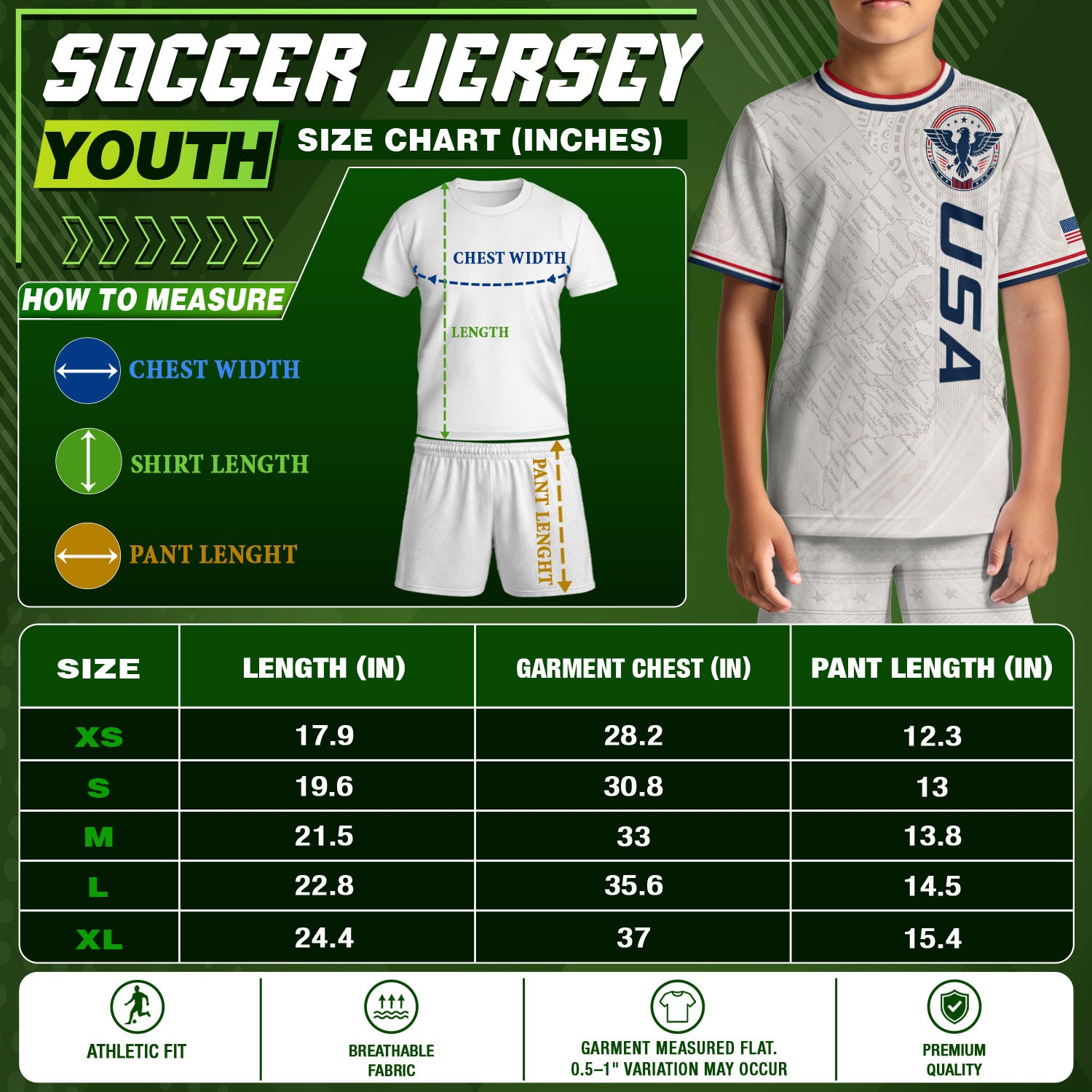 USA Kids Soccer Jersey Set White Eagle Patriotic Youth Football Outfit Kit