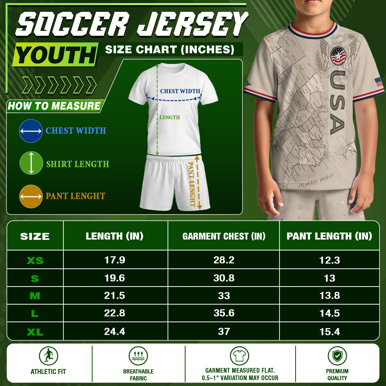 USA Kids Soccer Jersey Set Off White Map Graphic Youth Football Kit