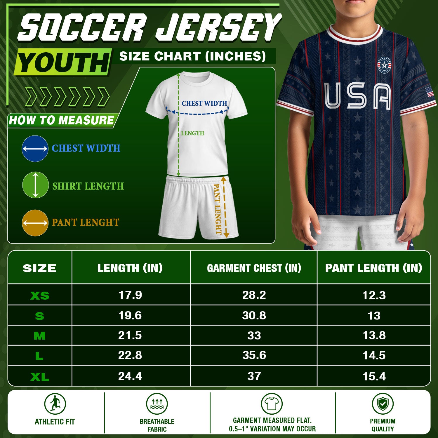 USA Kids Soccer Jersey Set Navy Blue White Striped Youth Football Kit