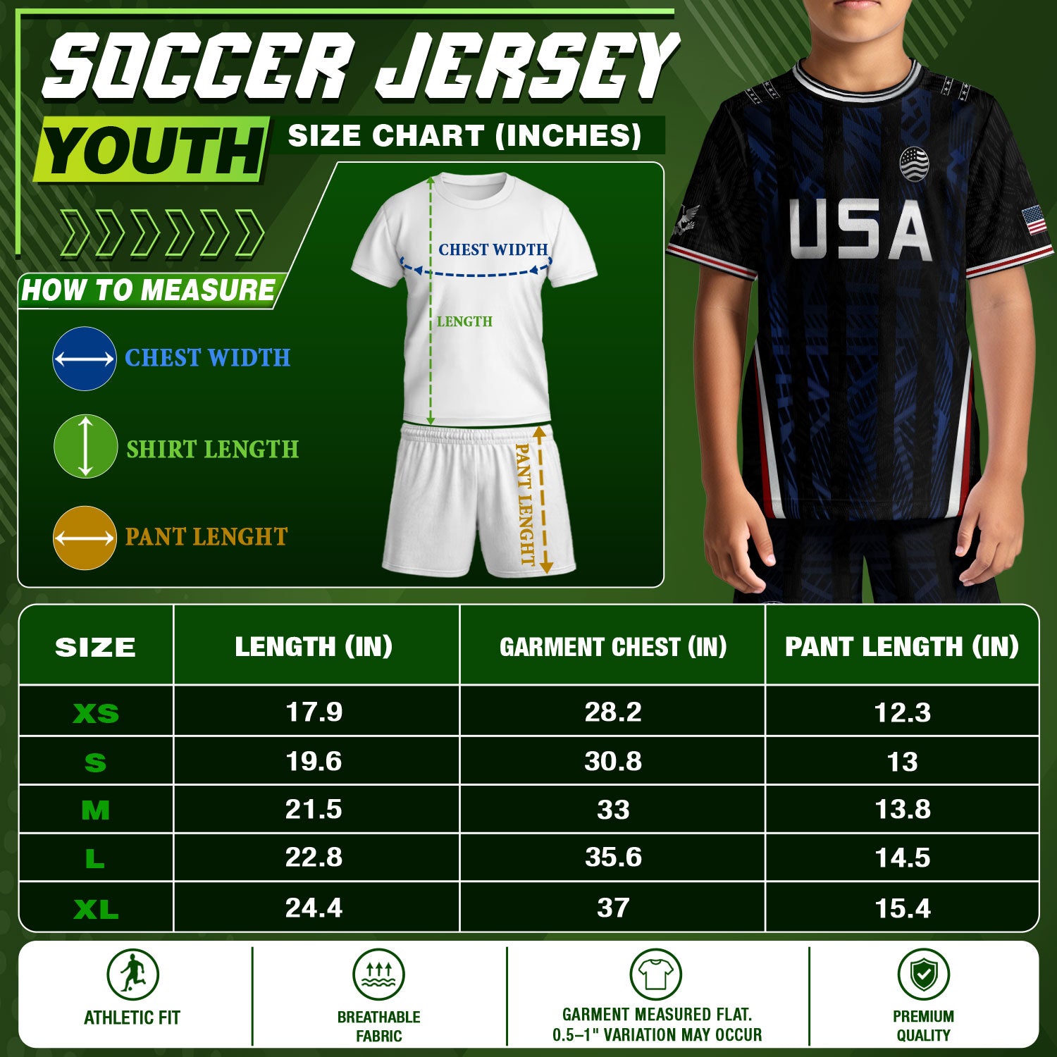 USA Kids Soccer Jersey Set Black Navy Eagle Crest Youth Football Kit