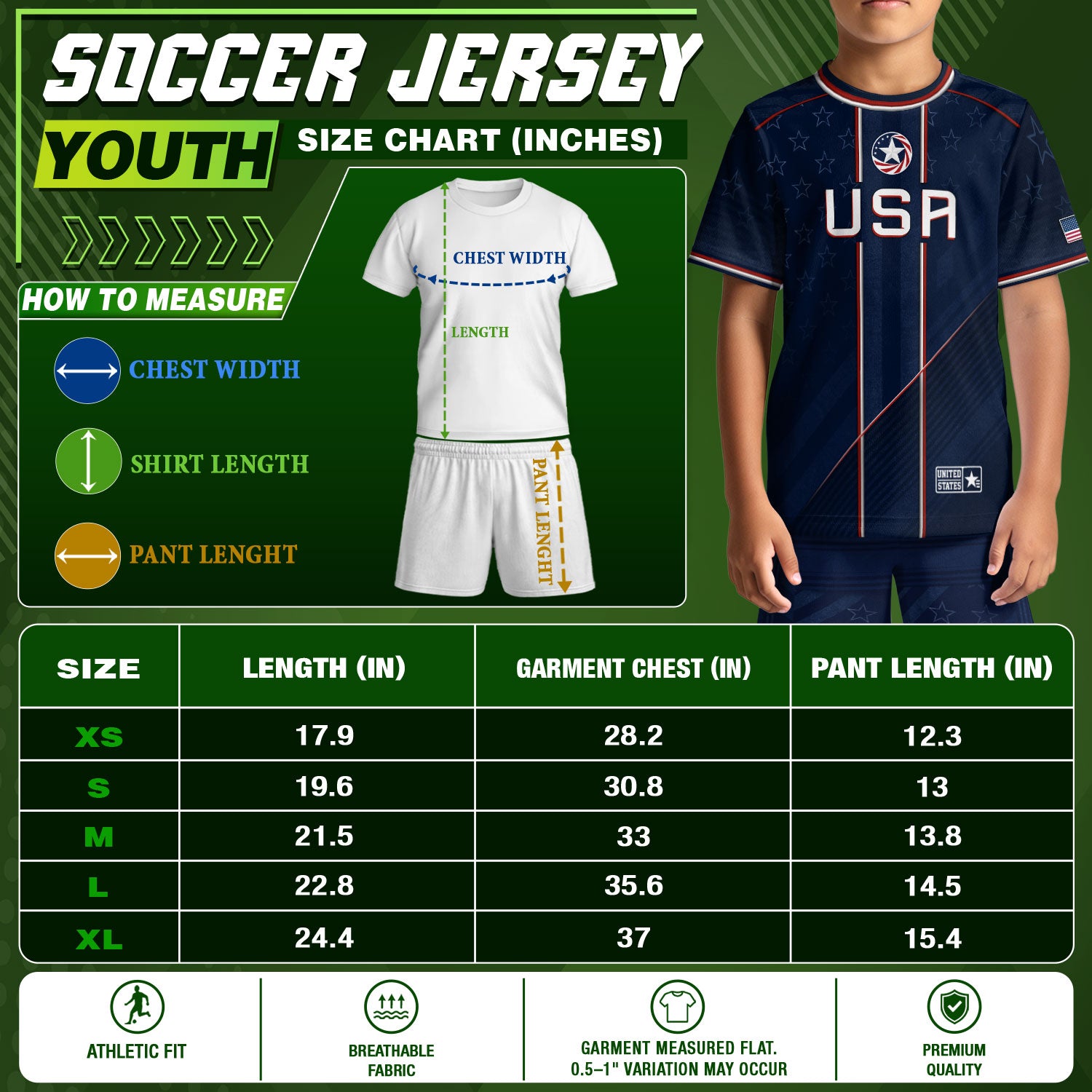 USA Kids Soccer Jersey Set Navy Blue Red Line Youth Football Outfit