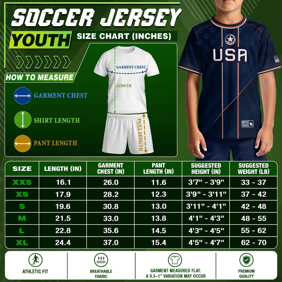 USA Kids Soccer Jersey Set Navy Blue Red Line Youth Football Outfit - Rust Field Wear
