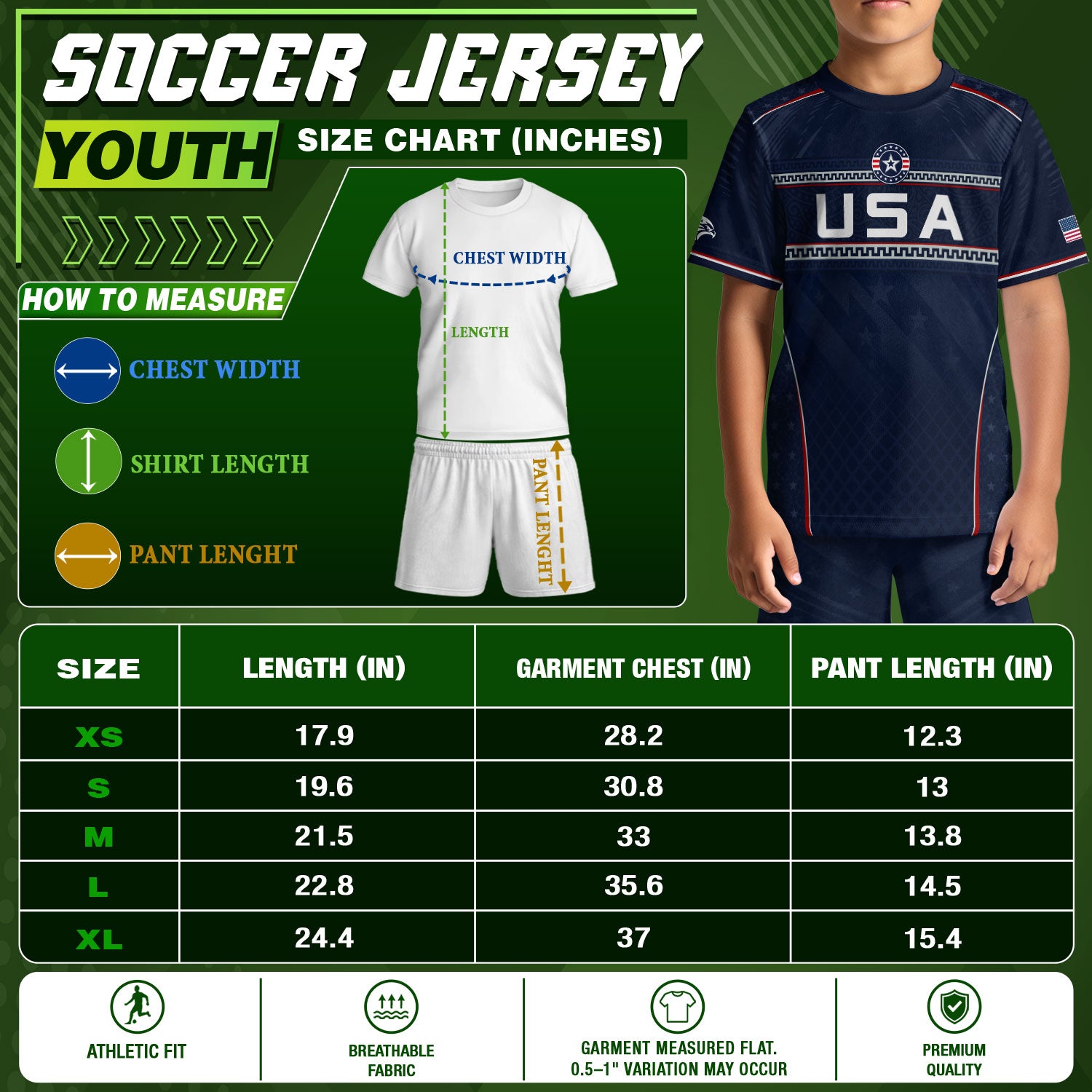 USA Kids Soccer Jersey Set Navy Blue Chest Stripe Youth Football Kit