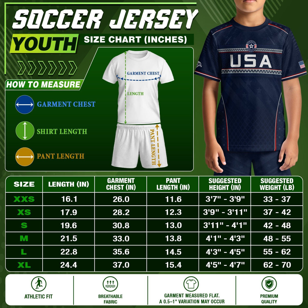 USA Kids Soccer Jersey Set Navy Blue Chest Stripe Youth Football Kit - Rust Field Wear