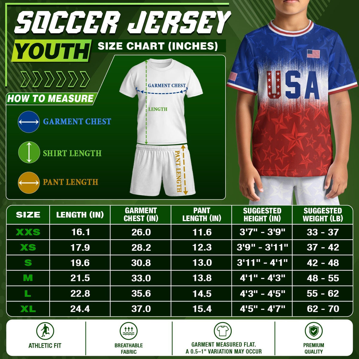 USA Kids Soccer Jersey Youth Blue White Red Tie Dye Stars Patriotic Football Shirt - Rust Field Wear