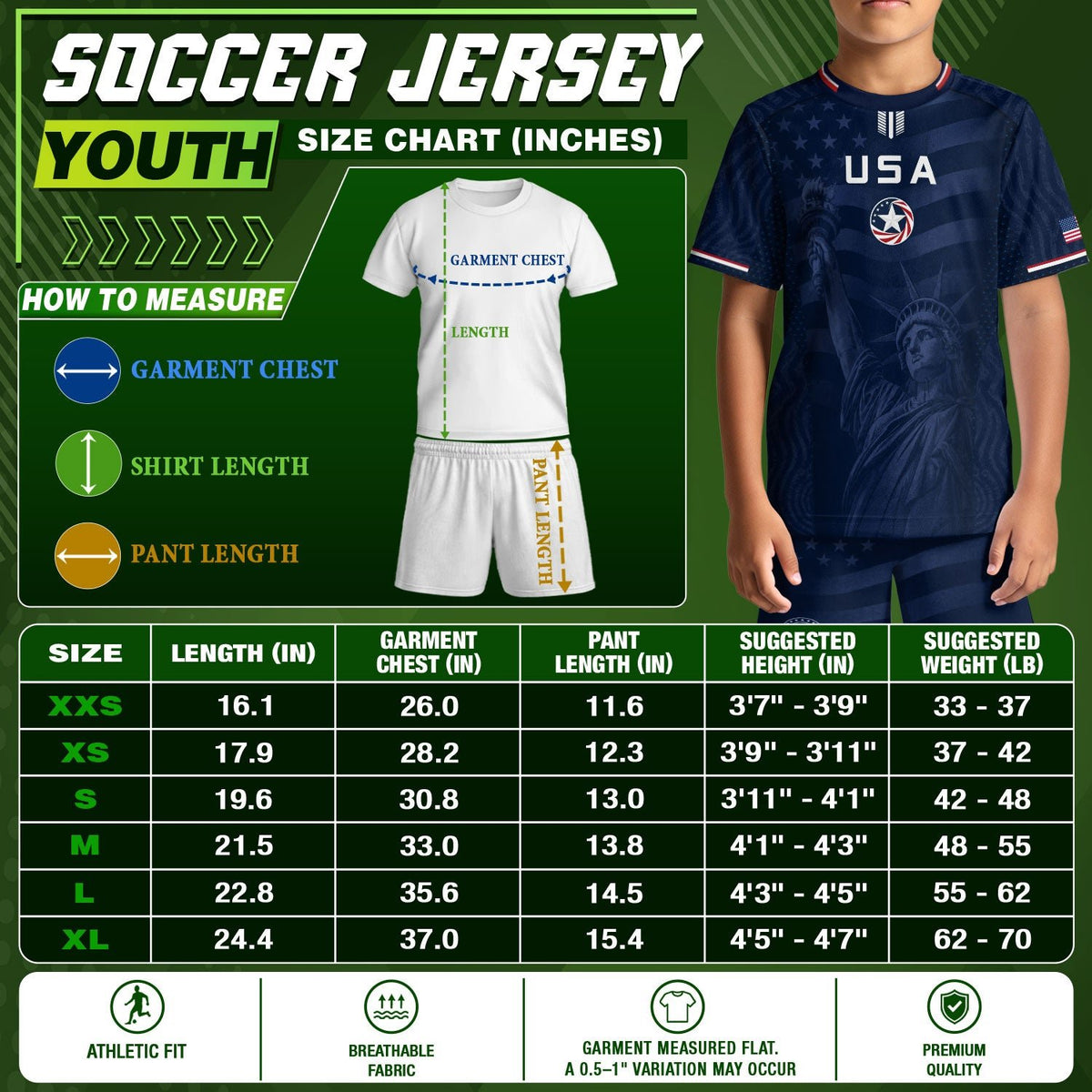 Kids USA Soccer Jersey Youth Patriotic Navy Statue of Liberty Graphic United States Tee - Rust Field Wear
