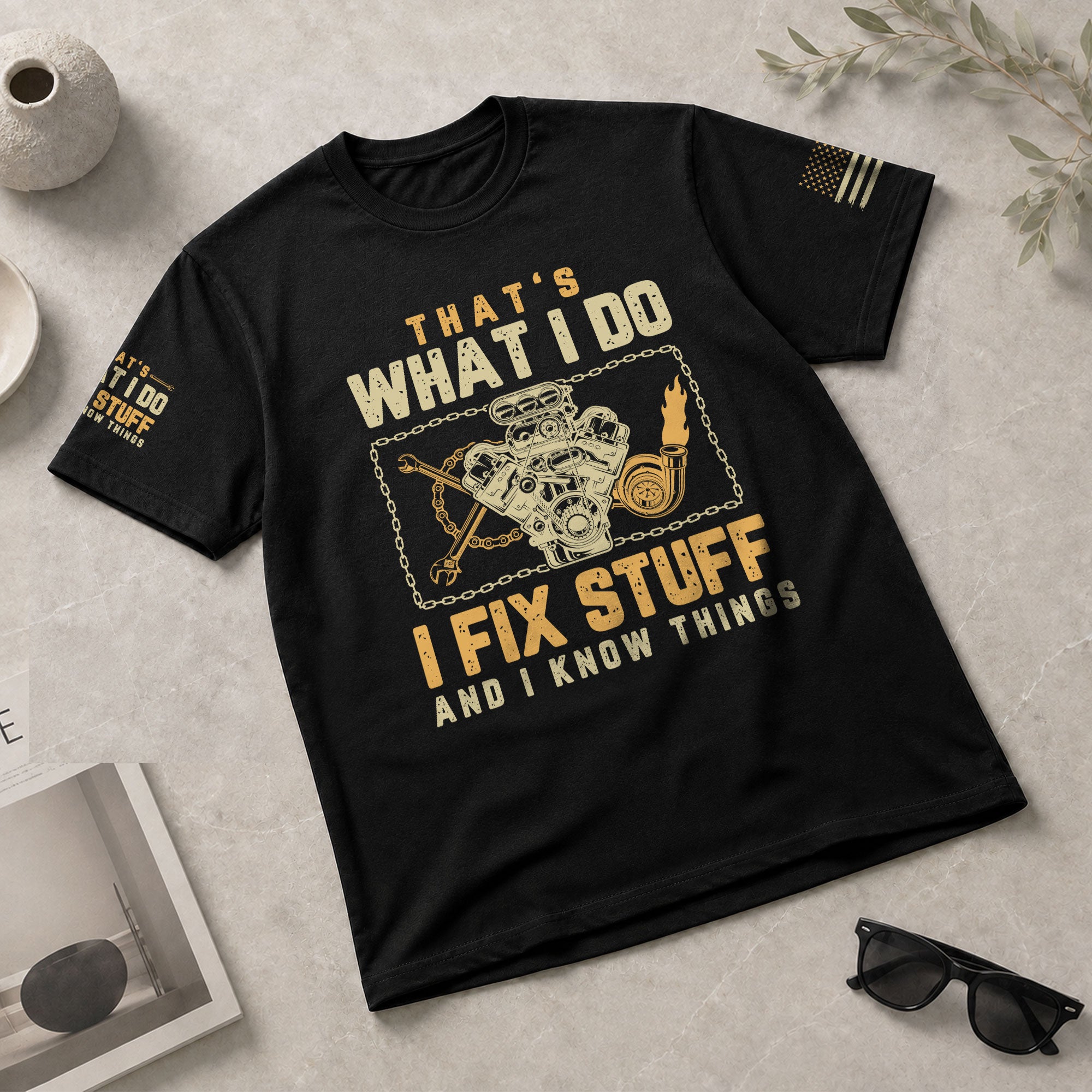 Turbo Mechanic Quote Men T-Shirt I Fix Stuff And I Know Things Graphic Engine Tee