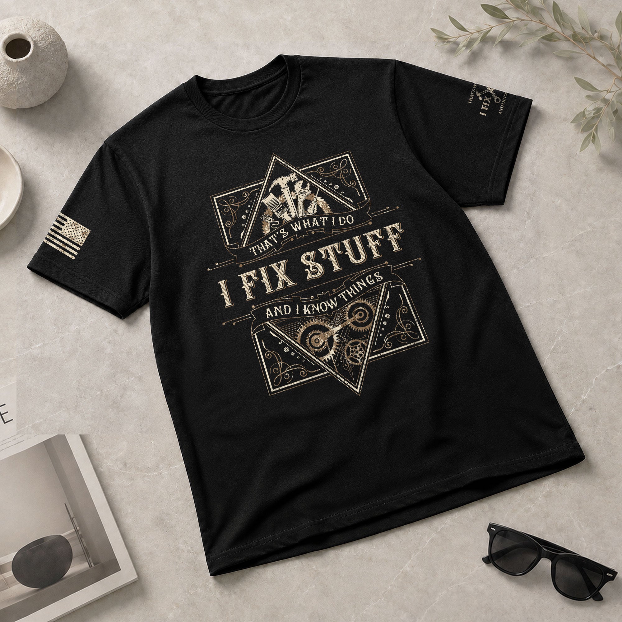 Men Graphic Scrollwork Frame T-Shirt I Fix Stuff And I Know Things Hammer Quote Tee