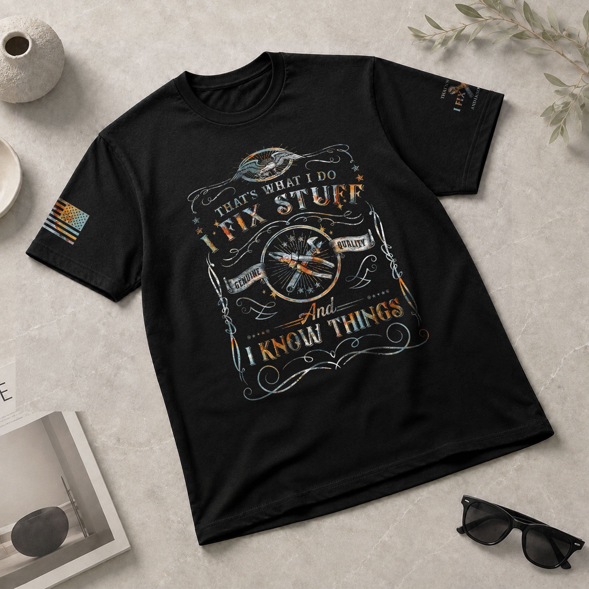 Mens Eagle Crest Graphic T-Shirt I Fix Stuff And I Know Things Wrench Banner