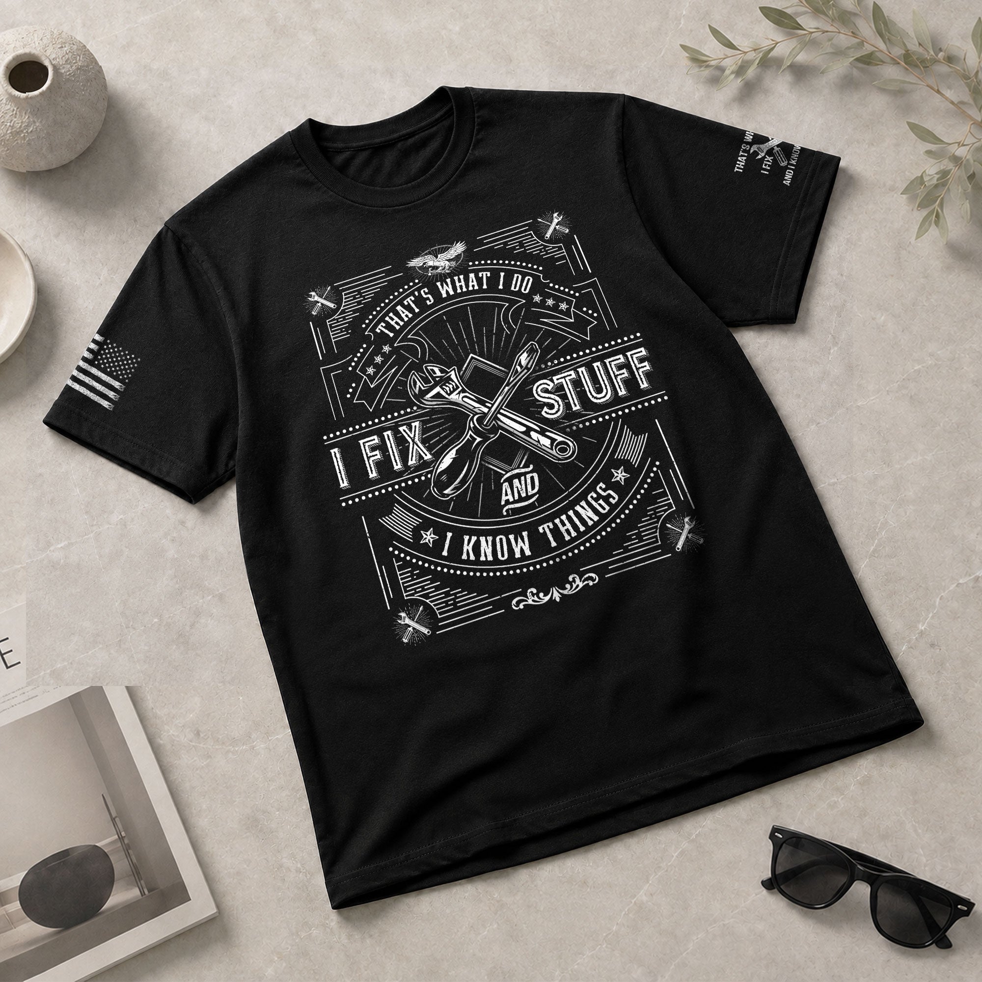 Eagle Line Art Quote Men T-Shirt I Fix Stuff And I Know Things Graphic Tool Tee