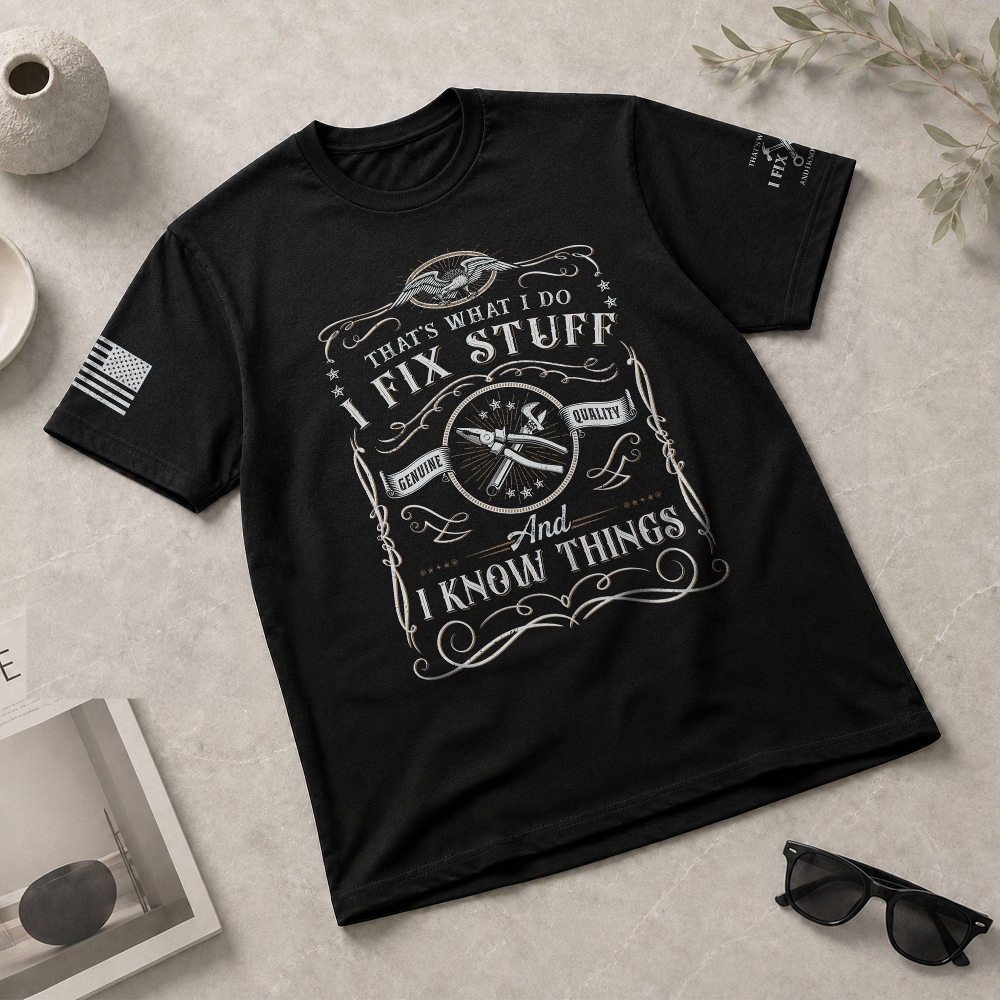 Graphic Shirt Men I Fix Stuff And I Know Things Label Quote T-Shirt Sleeve Details
