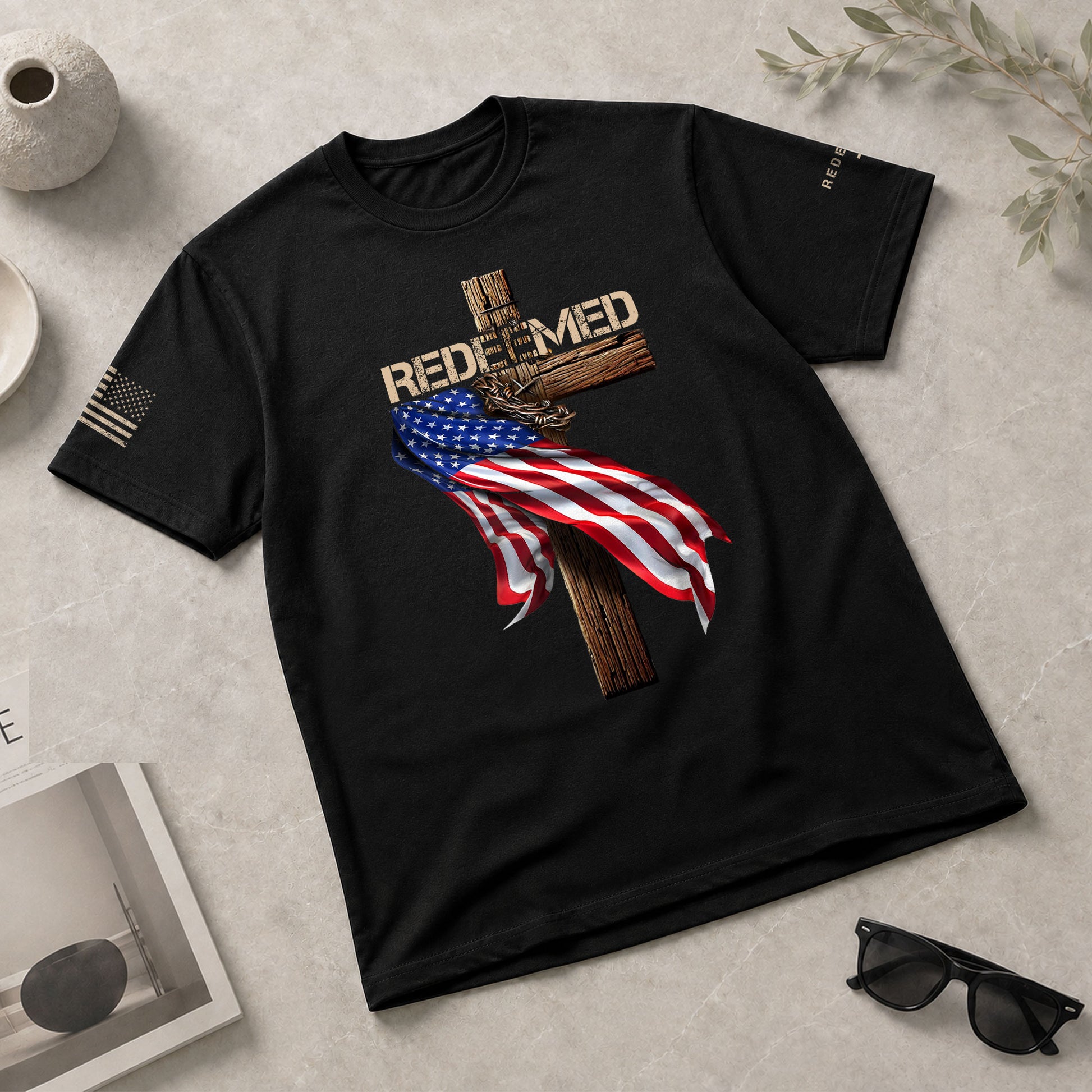 Redeemed by Christ American Flag Cross - Christian Shirts for Men, Faith Based Christian Tee Shirts - Rust Field Wear