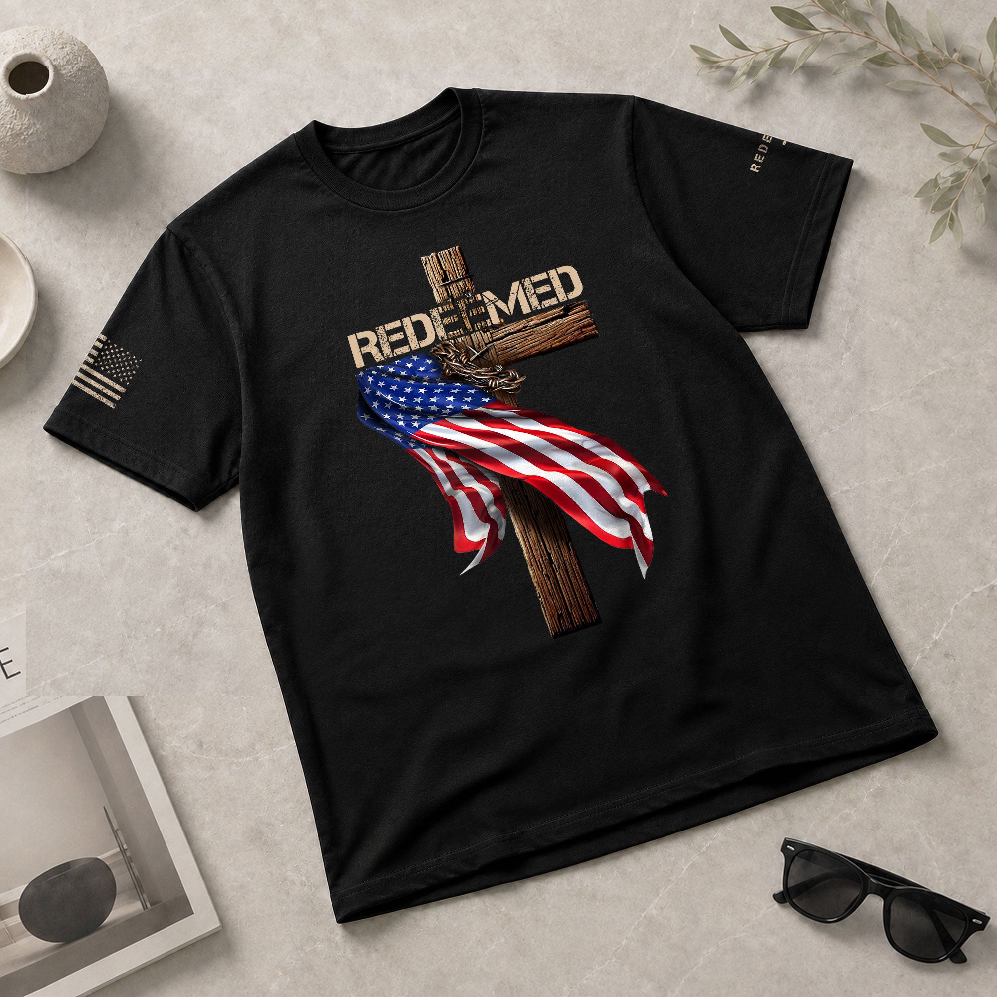 Redeemed by Christ American Flag Cross - Christian Shirts for Men, Faith Based Christian Tee Shirts - Rust Field Wear