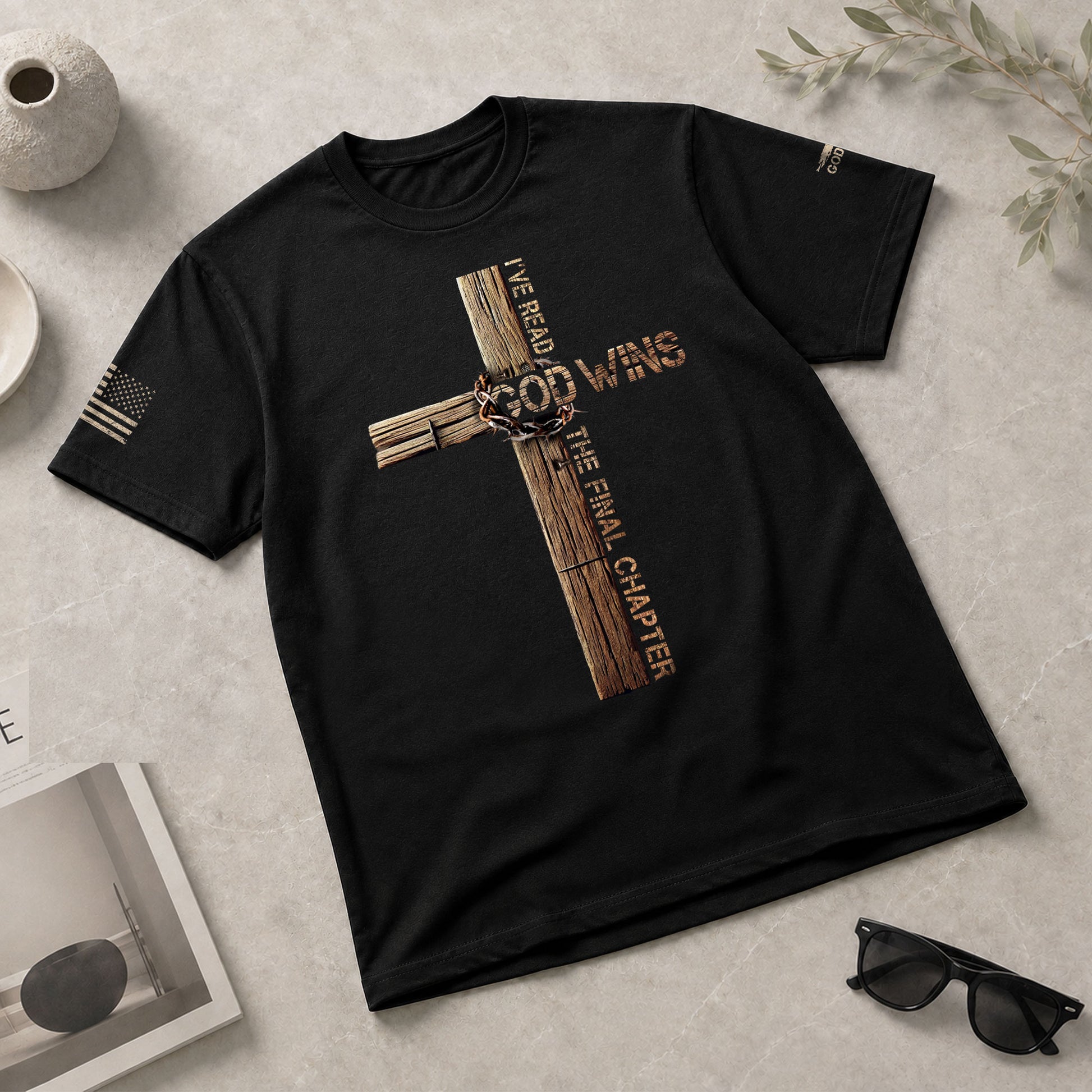Faith Based Christian Tee Shirts, Victory in Christ God Wins Cross Design - Christian Shirts for Men - Rust Field Wear