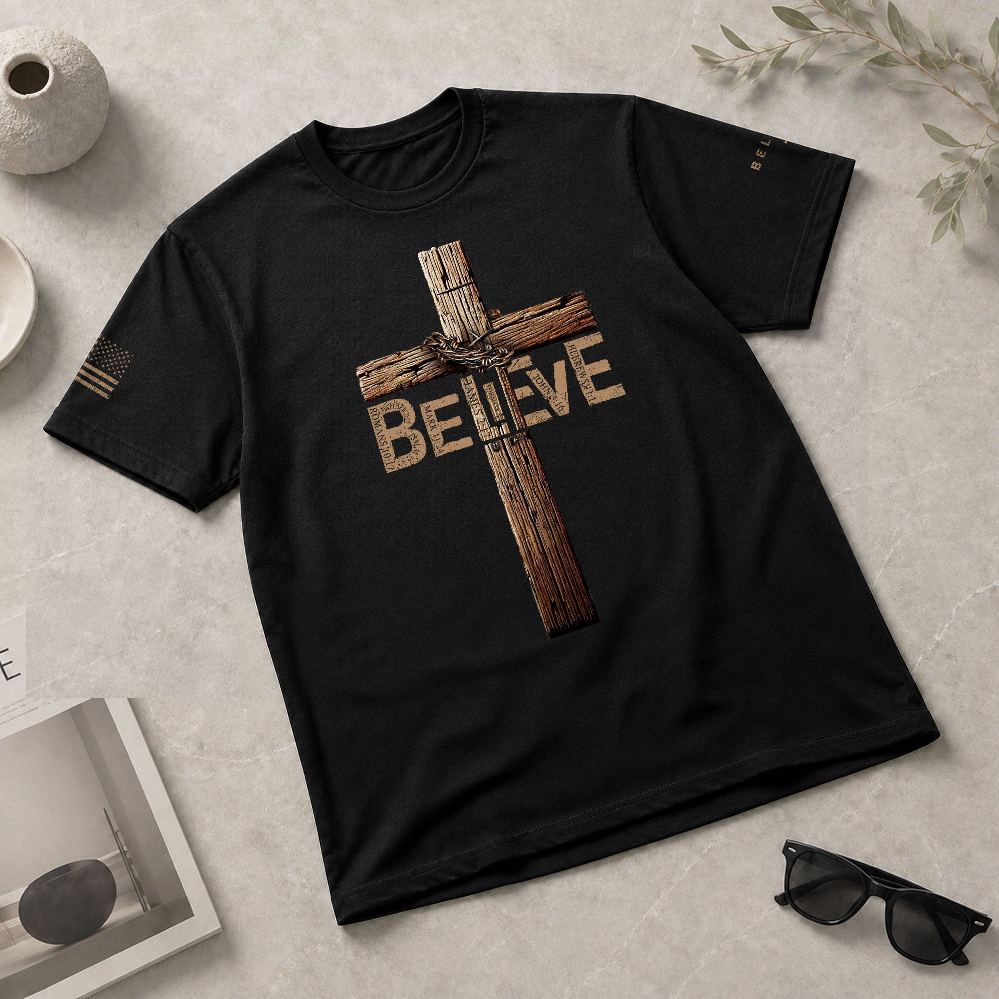 Christian Shirts for Men - Believe In The Cross Rustic Wood Christian, Christian Tee Shirts - Rust Field Wear