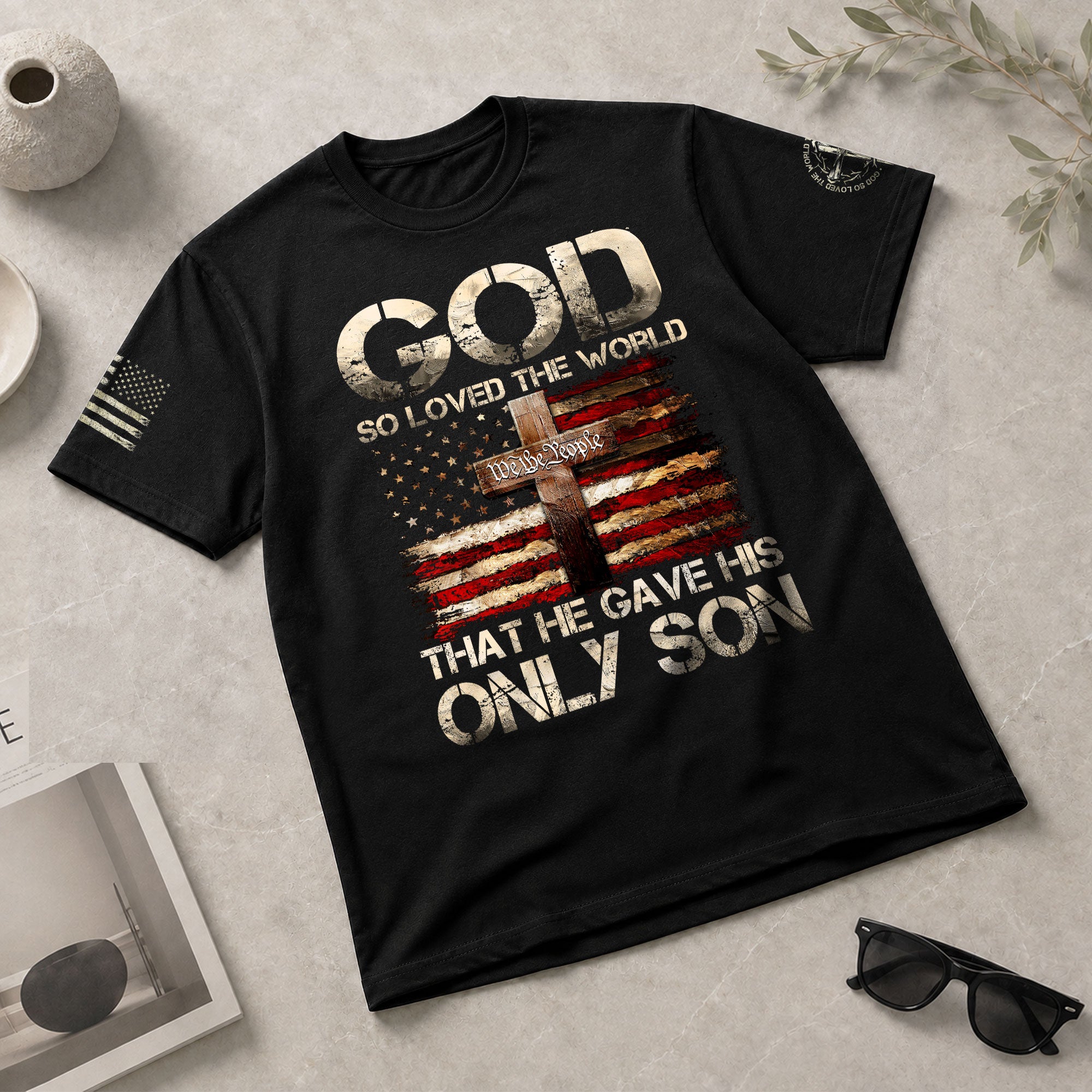 God So Loved The World Only Son Cross and Flag, Christian Tee Shirts - Faith Shirts for Men - Rust Field Wear
