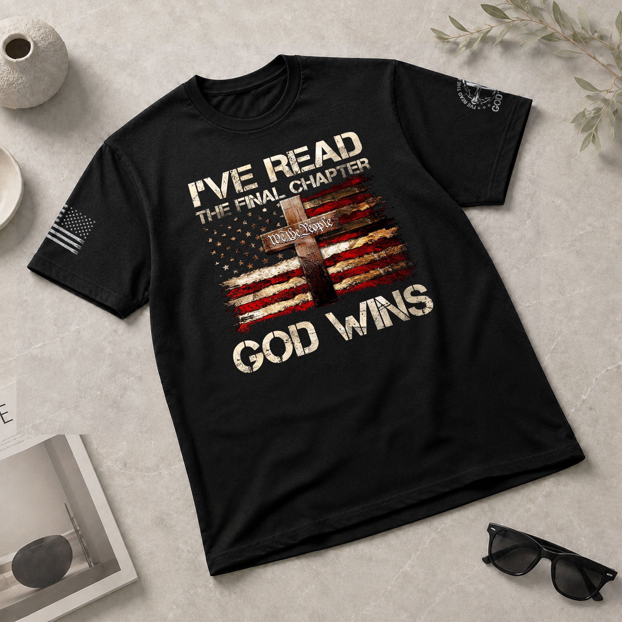 Christian Tee Shirts, God Wins Christian American Flag Cross - Christian Shirts for Men - Rust Field Wear