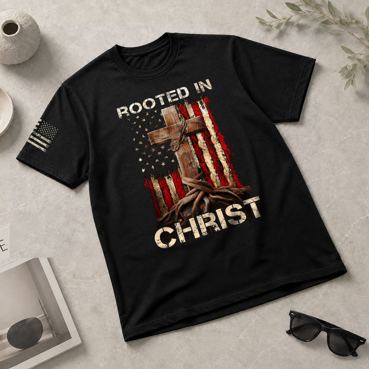 Rooted In Christ American Flag Cross, Christian Shirts for Men - Christian Tee Shirts - Rust Field Wear