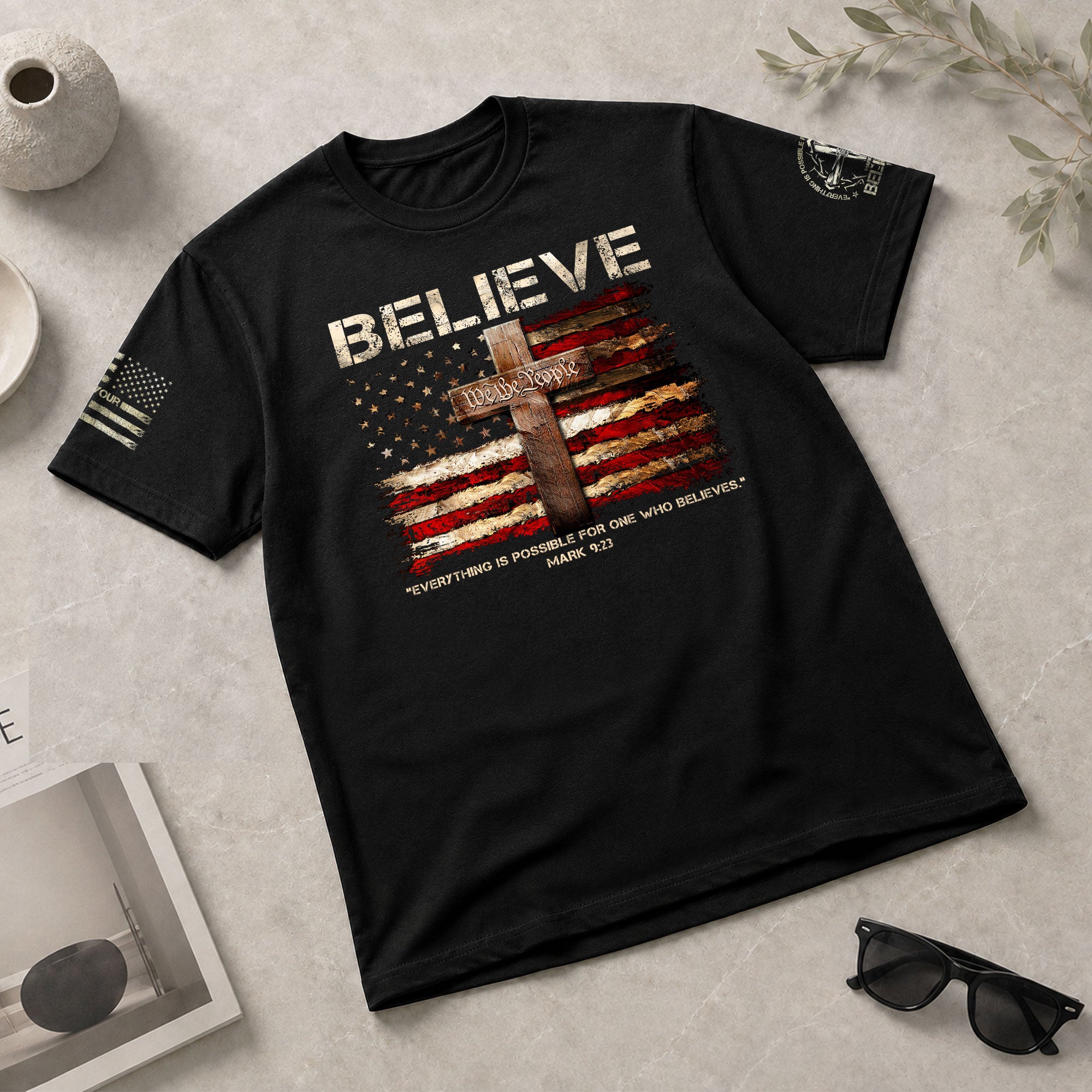 BELIEVE Faith in Action, Powered by Mark 9:23 - Christian Tee Shirts, Christian Shirts for Men - Rust Field Wear