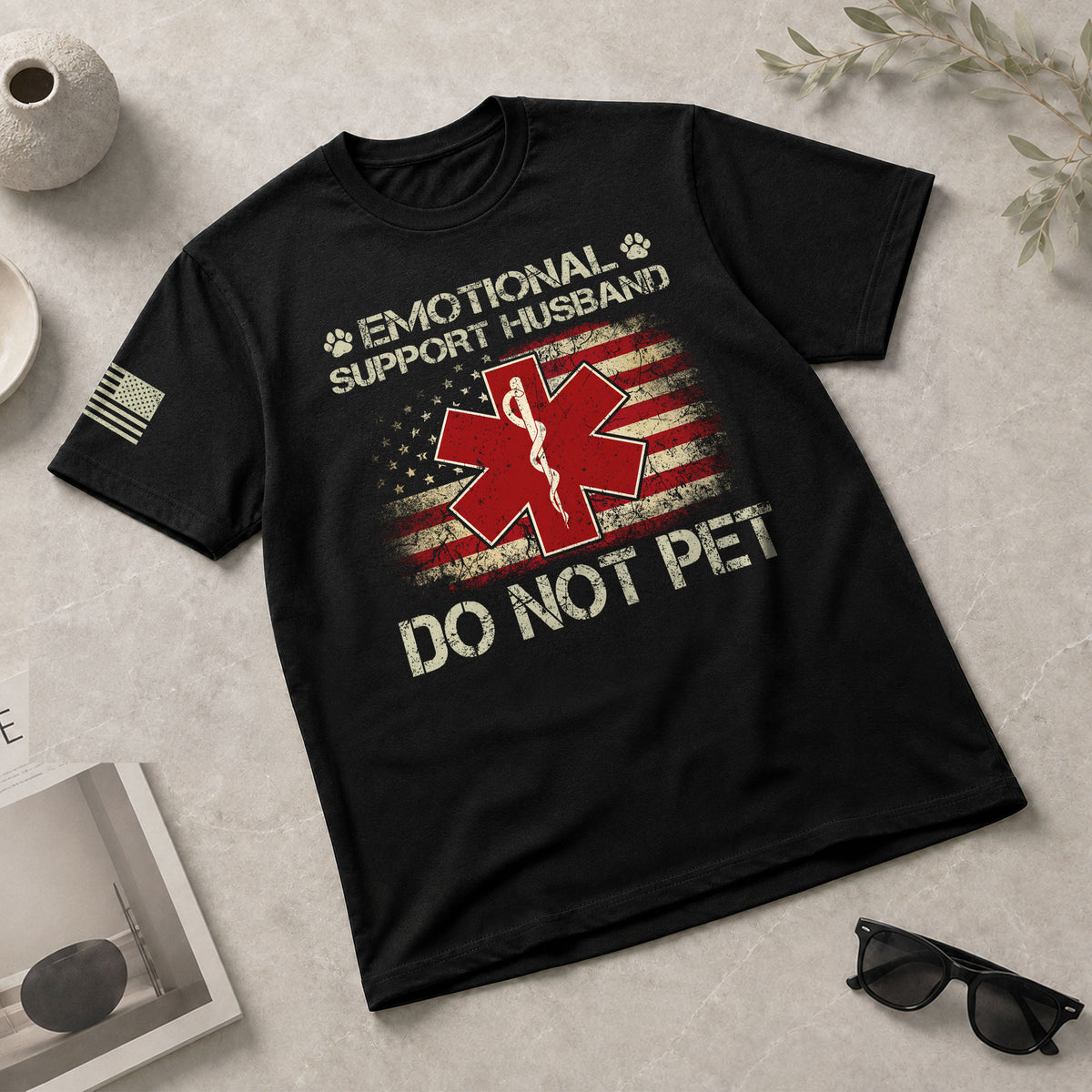 Funny Emotional Support Husband Flag Graphic Tee Shirt Casual Apparel Top Clothing
