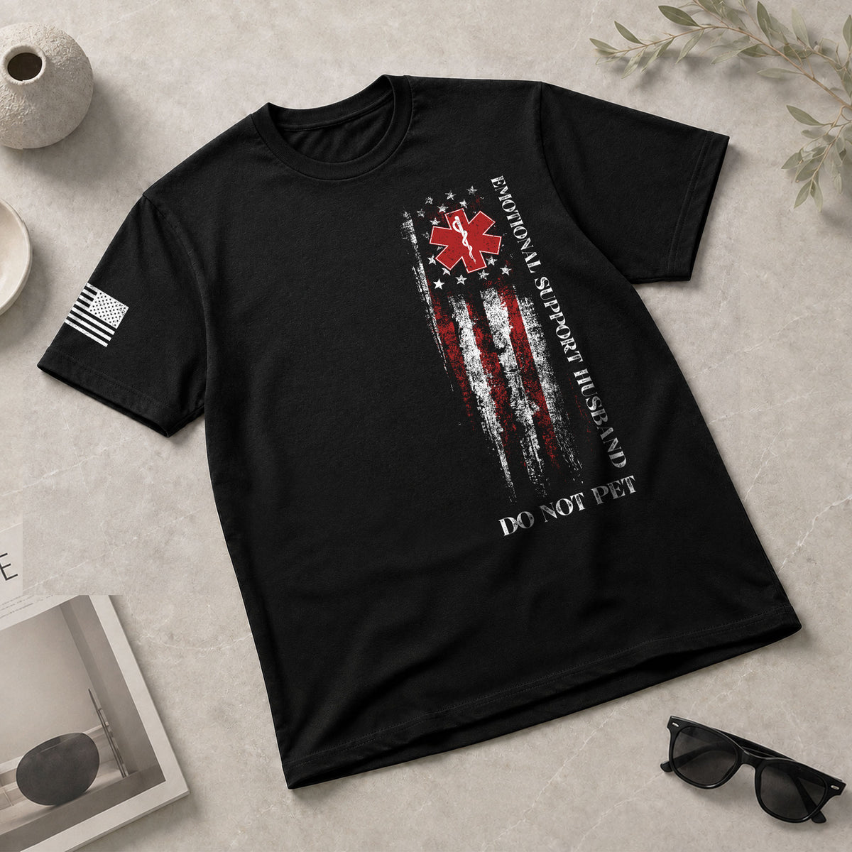 Funny Vertical Emotional Support Husband Flag Graphic Tee Shirt Casual Apparel Top