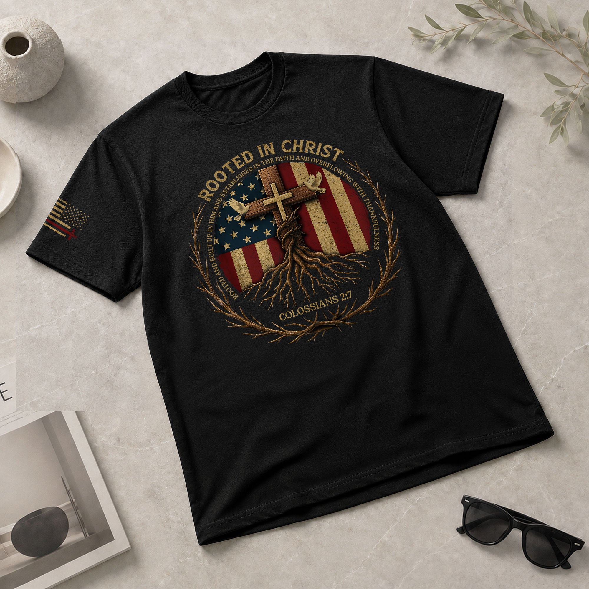Christian Tee Shirts, Rooted in Christ Colossians 2:7 American Flag Faith - Christian Shirts for Men - Rust Field Wear