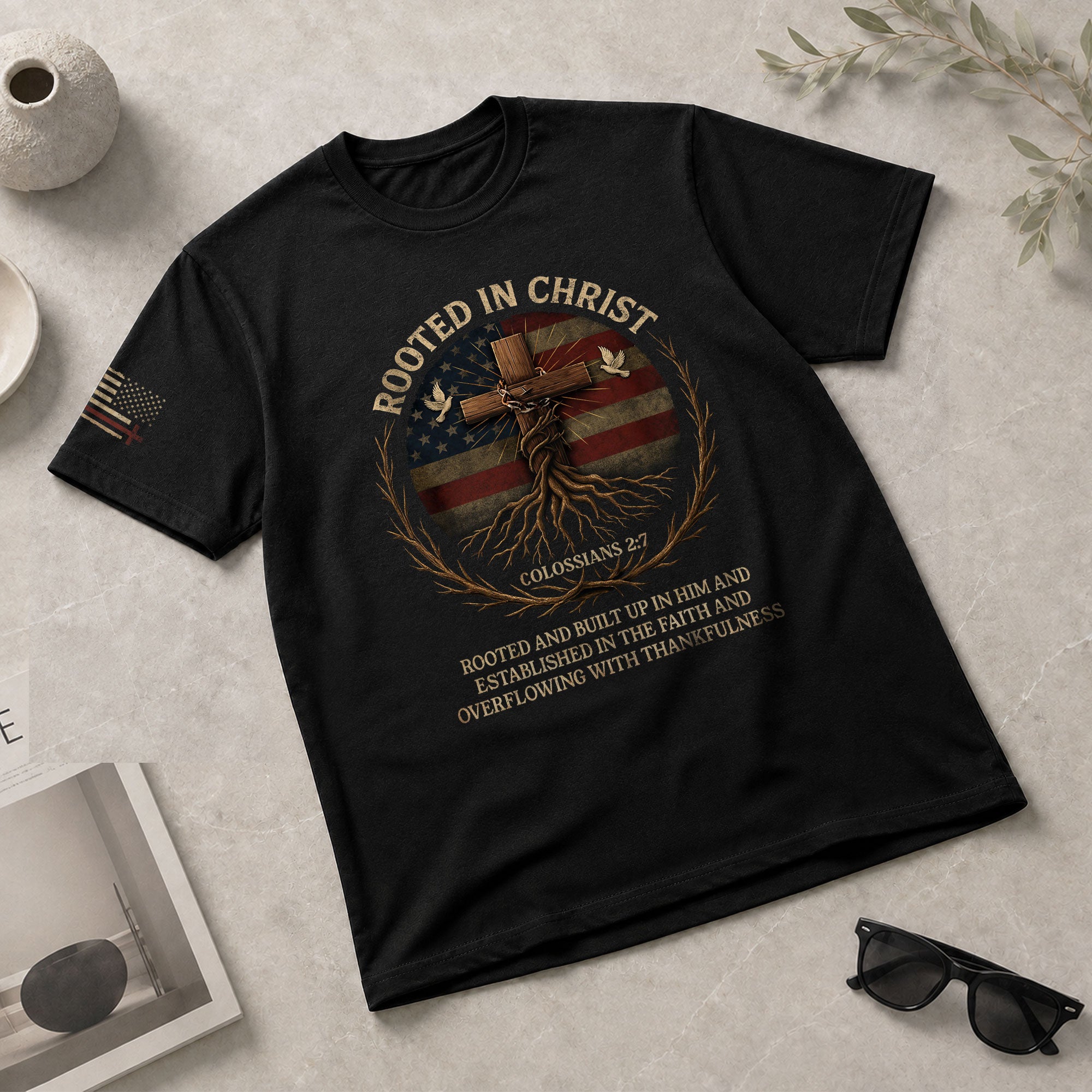 Rooted In Christ Colossians 2:7 American Faith, Christian Shirts for Men - Christian Tee Shirts - Rust Field Wear