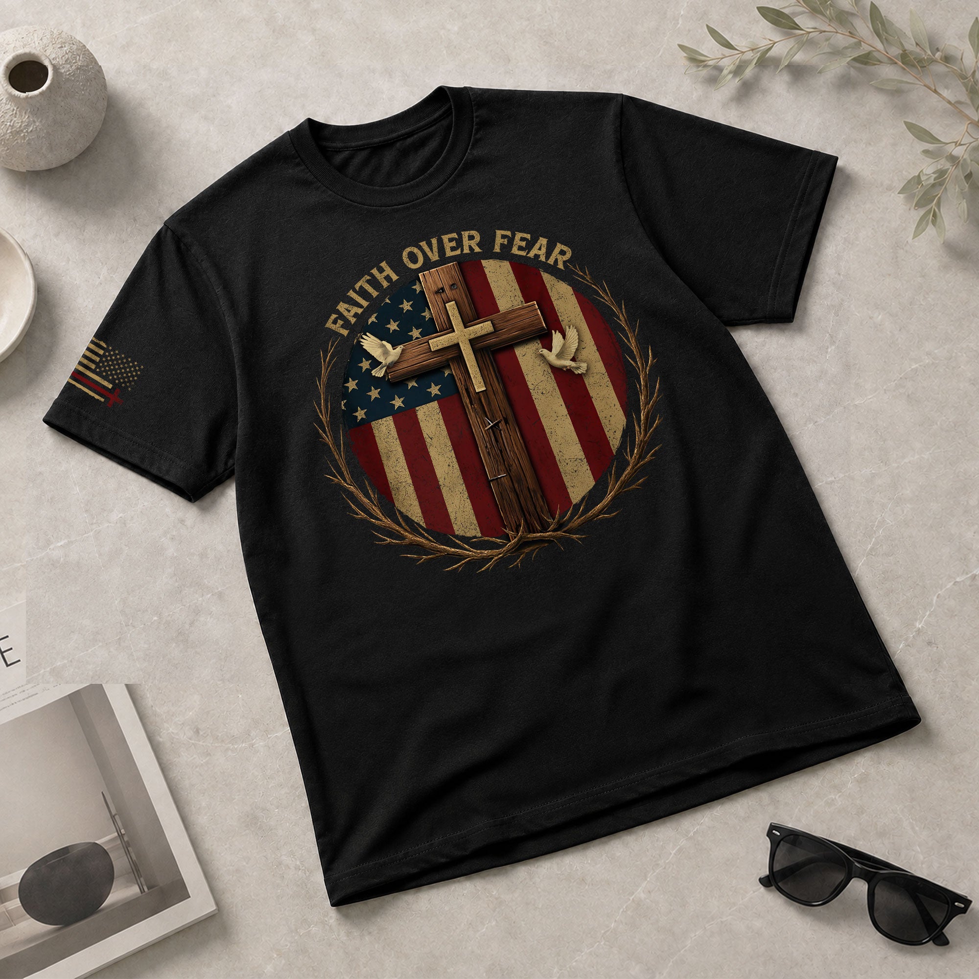 Faith Based Christian Tee Shirts, Faith Over Fear American Flag Cross Christian - Christian Shirts for Men - Rust Field Wear