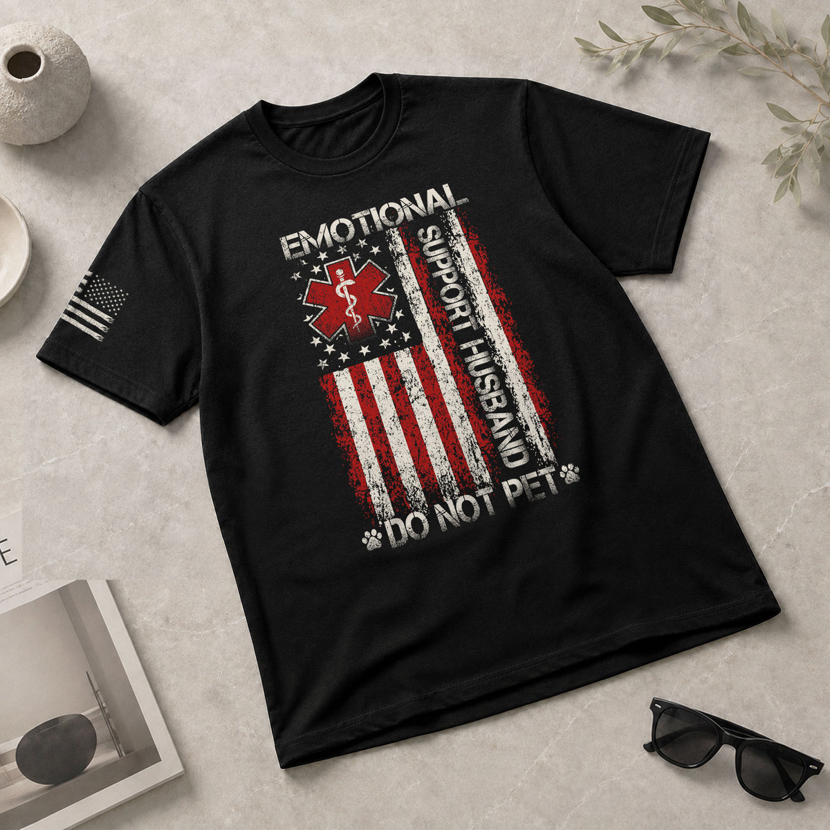Clever Emotional Support Husband Do Not Pet Vertical Star Tee Shirt Cotton Apparel