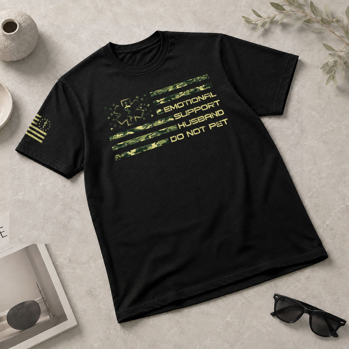 Sarcastic Emotional Support Husband Do Not Pet Camo Flag Tee Shirt Cotton Apparel