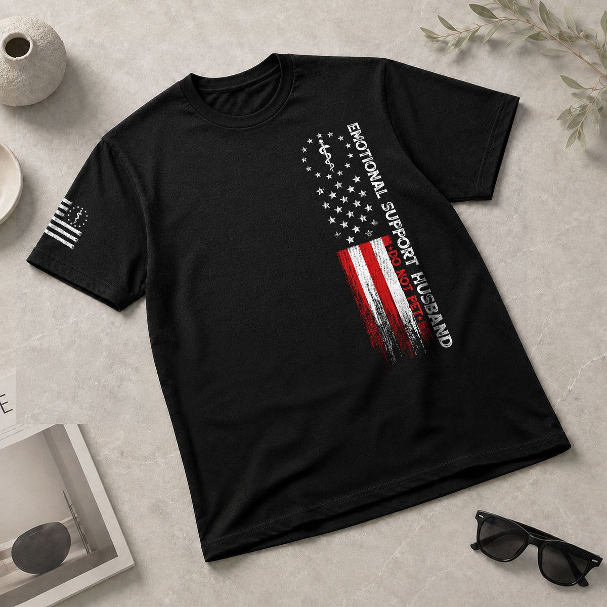 Comic Emotional Support Husband Do Not Pet Vertical Flag Tee Shirt Cotton Apparel