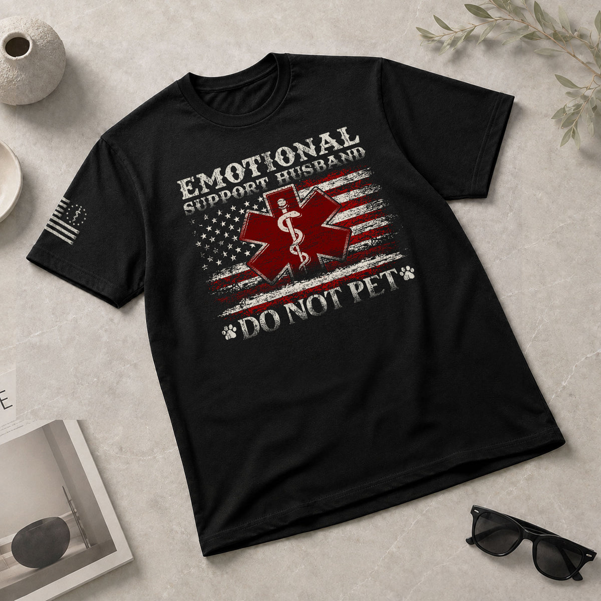 Emotional Support Husband Do Not Pet American Flag Graphic Tee Shirt Cotton Apparel