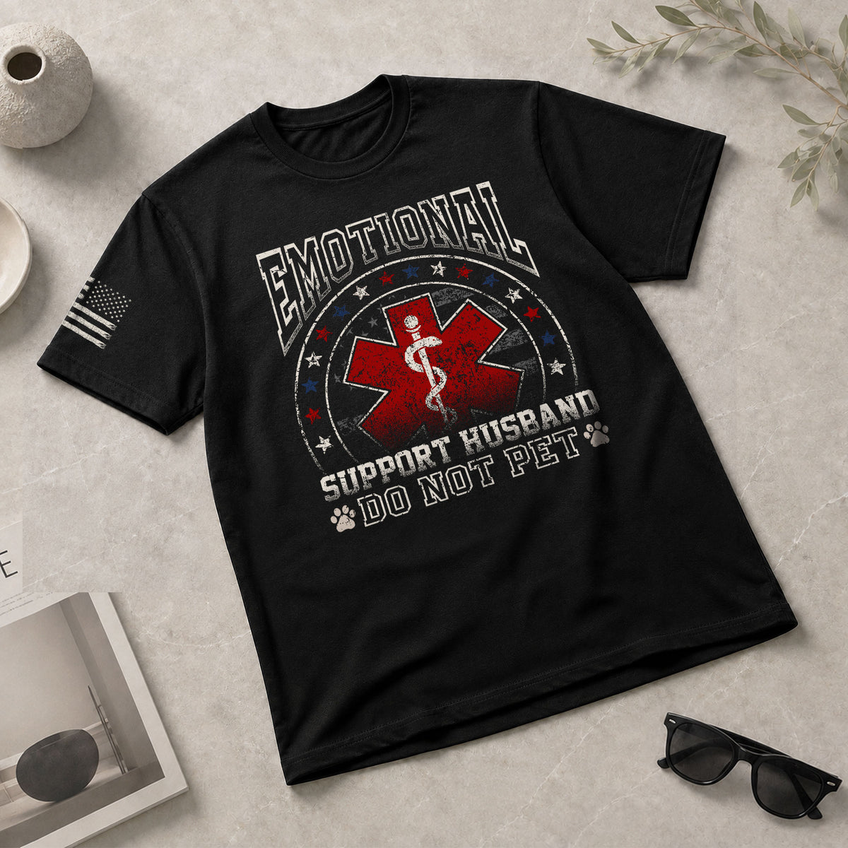Emotional Support Husband Do Not Pet Star Ring Graphic Tee Shirt Cotton Apparel Top