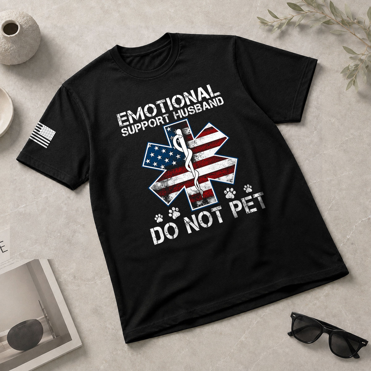 Funny Emotional Support Husband Do Not Pet Patriotic Flag Tee Shirt Cotton Outfit