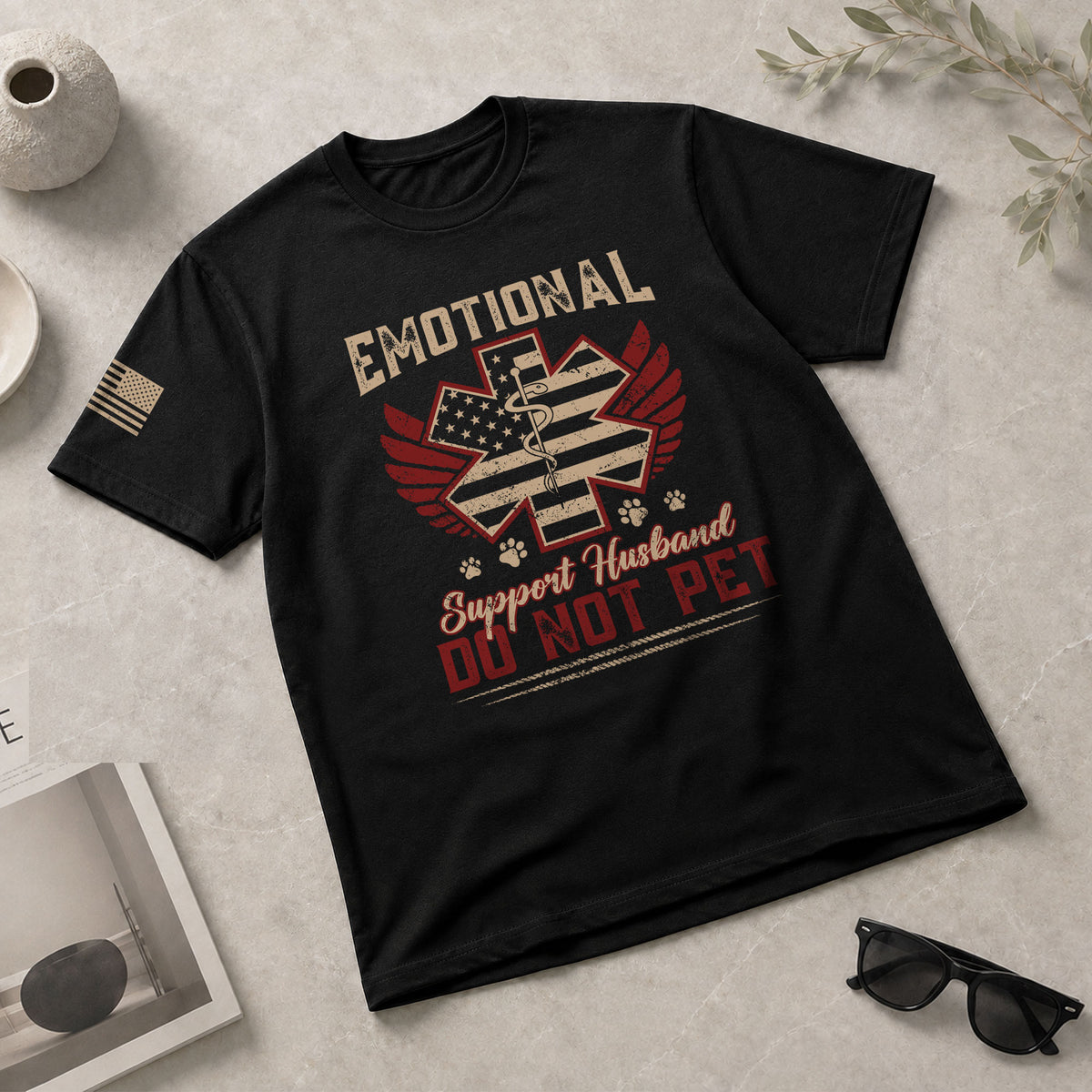 Amusing Emotional Support Husband Do Not Pet Winged Star Graphic Tee Shirt Cotton Top