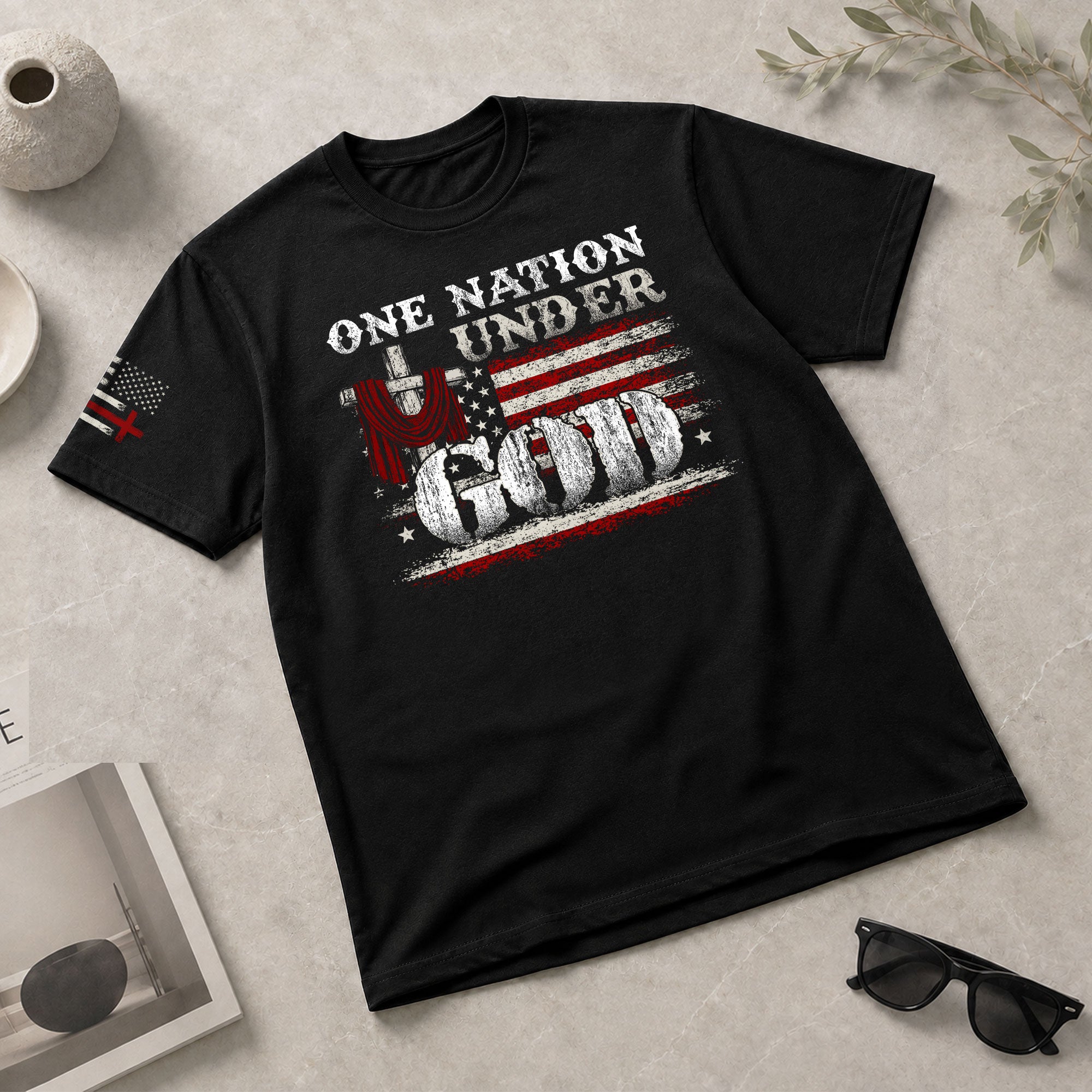 One Nation Under God Cross and American Flag, Christian Shirts for Men - Christian Tee Shirts - Rust Field Wear