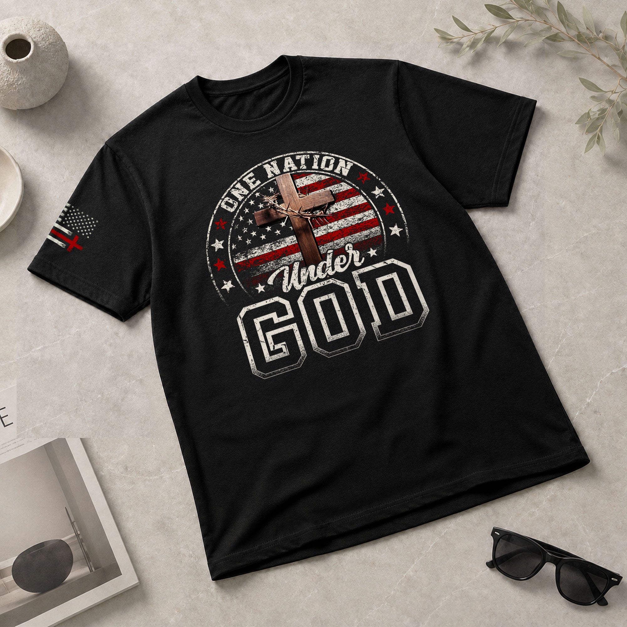 One Nation Under God Christian American Flag Cross, Christian Tee Shirts - Faith Shirts for Men - Rust Field Wear