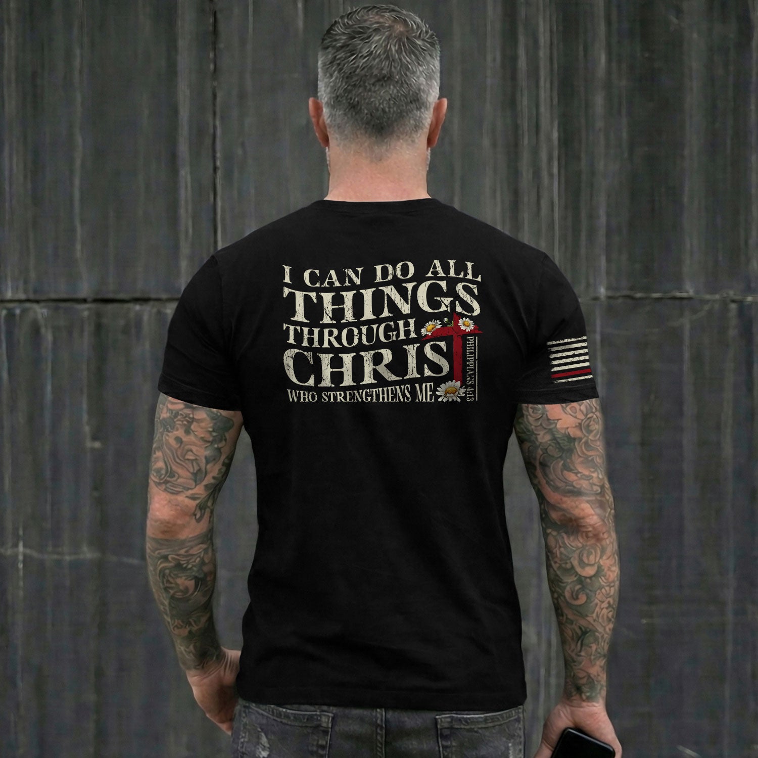 Faith Based Christian Tee Shirts, Philippians 4:13 I Can Do All Things Through Christ American Flag - Christian Shirts for Men - Rust Field Wear