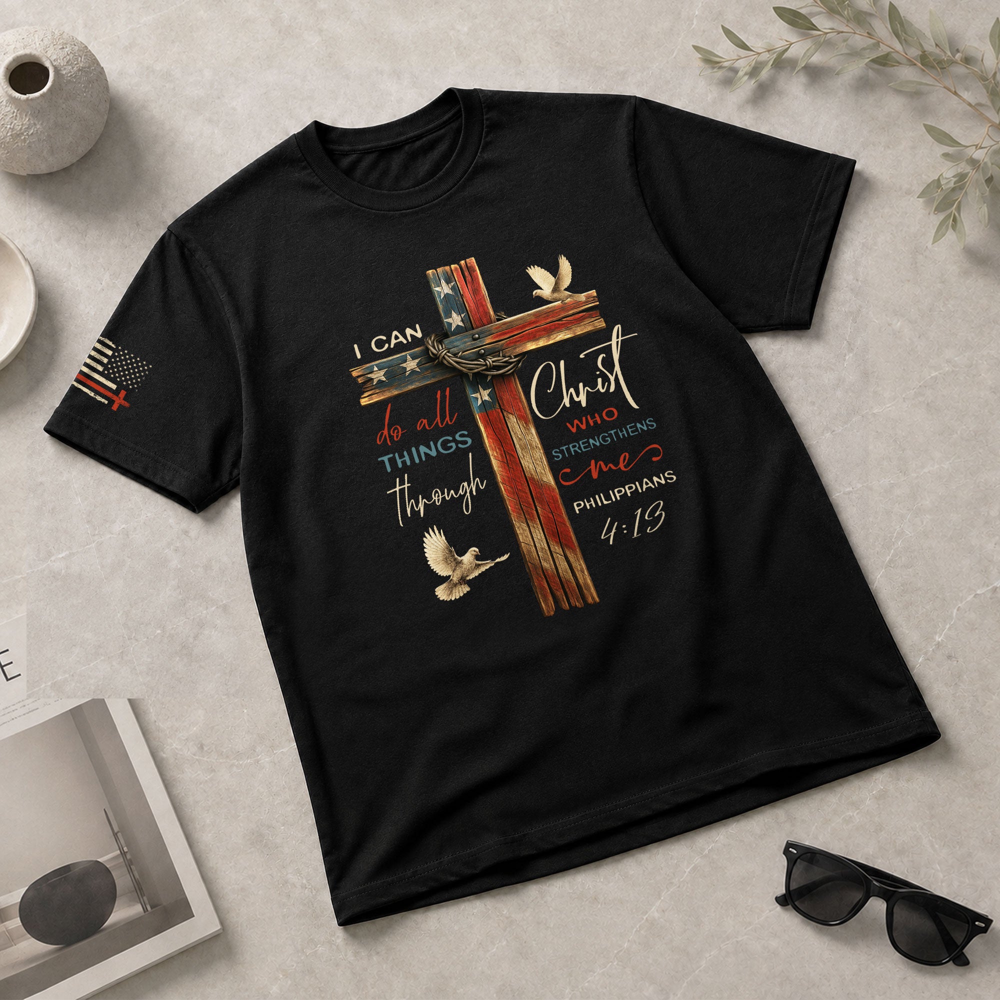 Philippians 4:13 I Can Do All Things Through Christ Flag Cross Christian - Christian Shirts for Men, Faith Based Christian Tee Shirts - Rust Field Wear