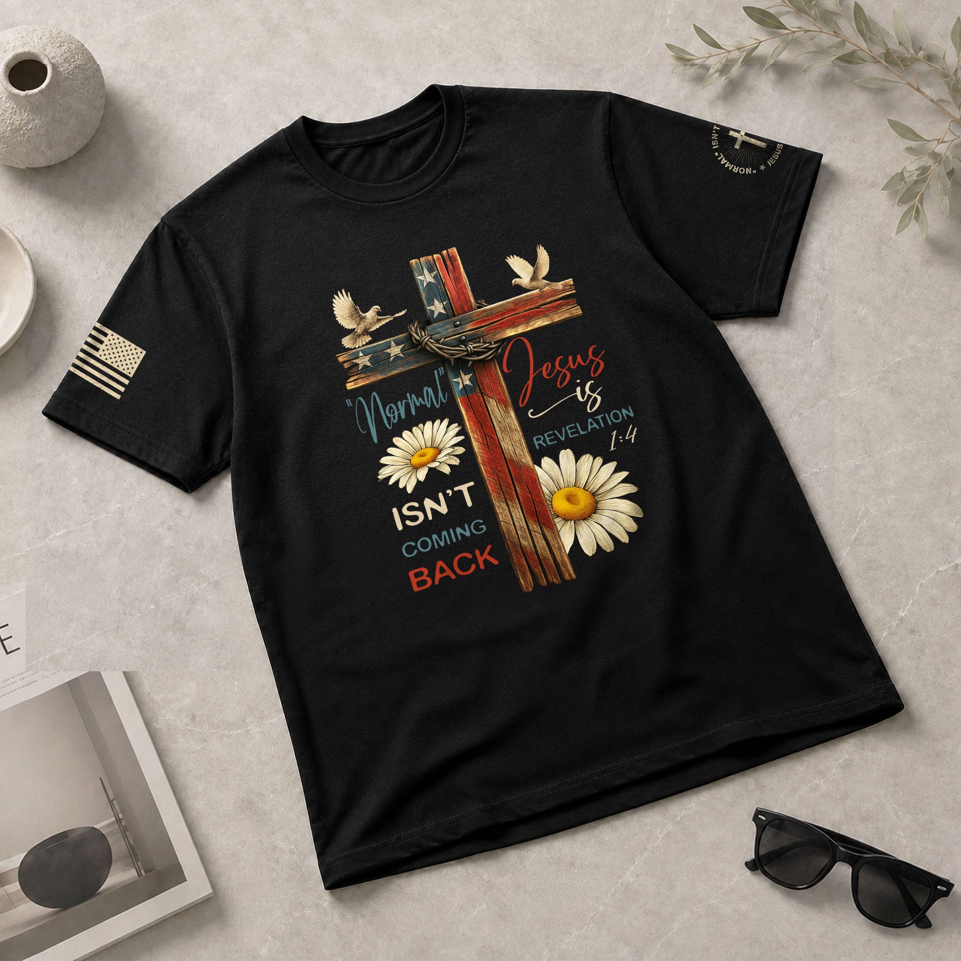 Normal Isn’t Coming Back Jesus Is , Revelation 1:4 Floral USA Flag Cross - Christian Tee Shirts, Christian Shirts for Men - Rust Field Wear