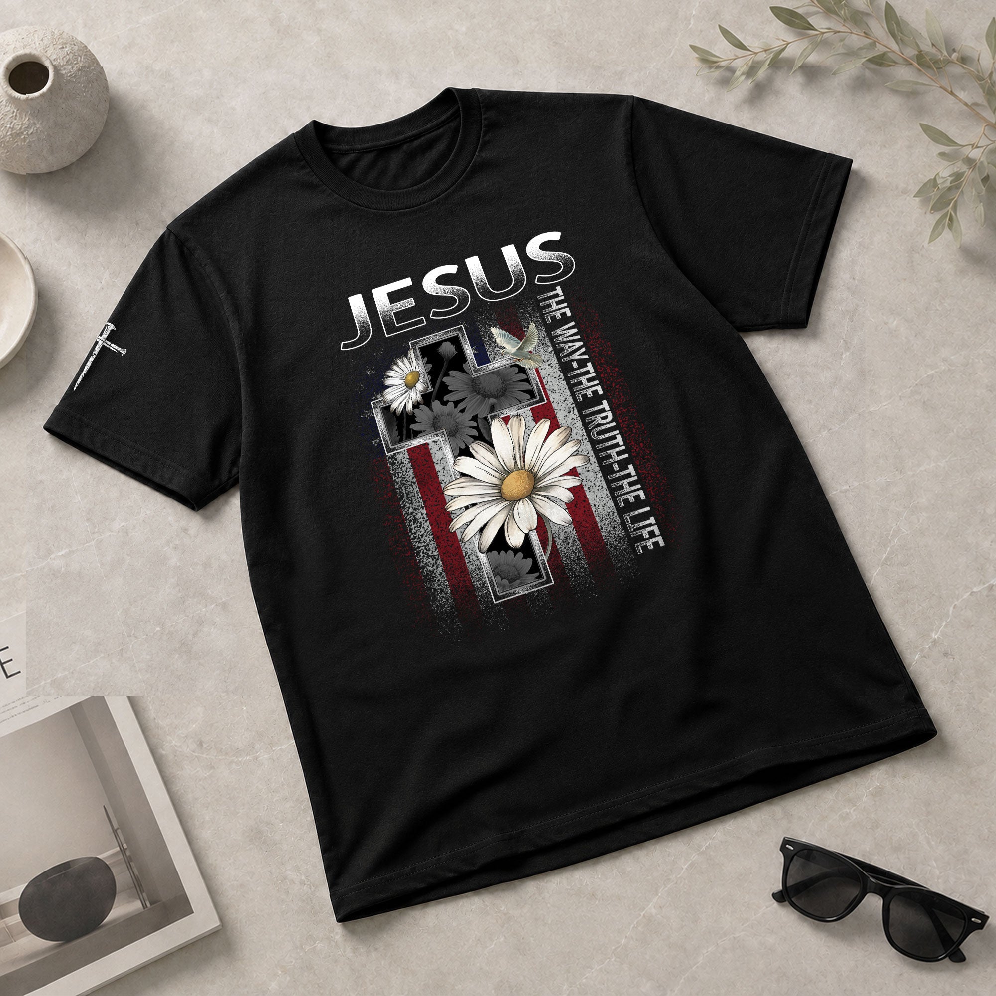 Christian Shirts for Men, Jesus The Way The Truth The Life Floral Cross USA Flag Christian - Christian Tee Shirts - Rust Field Wear