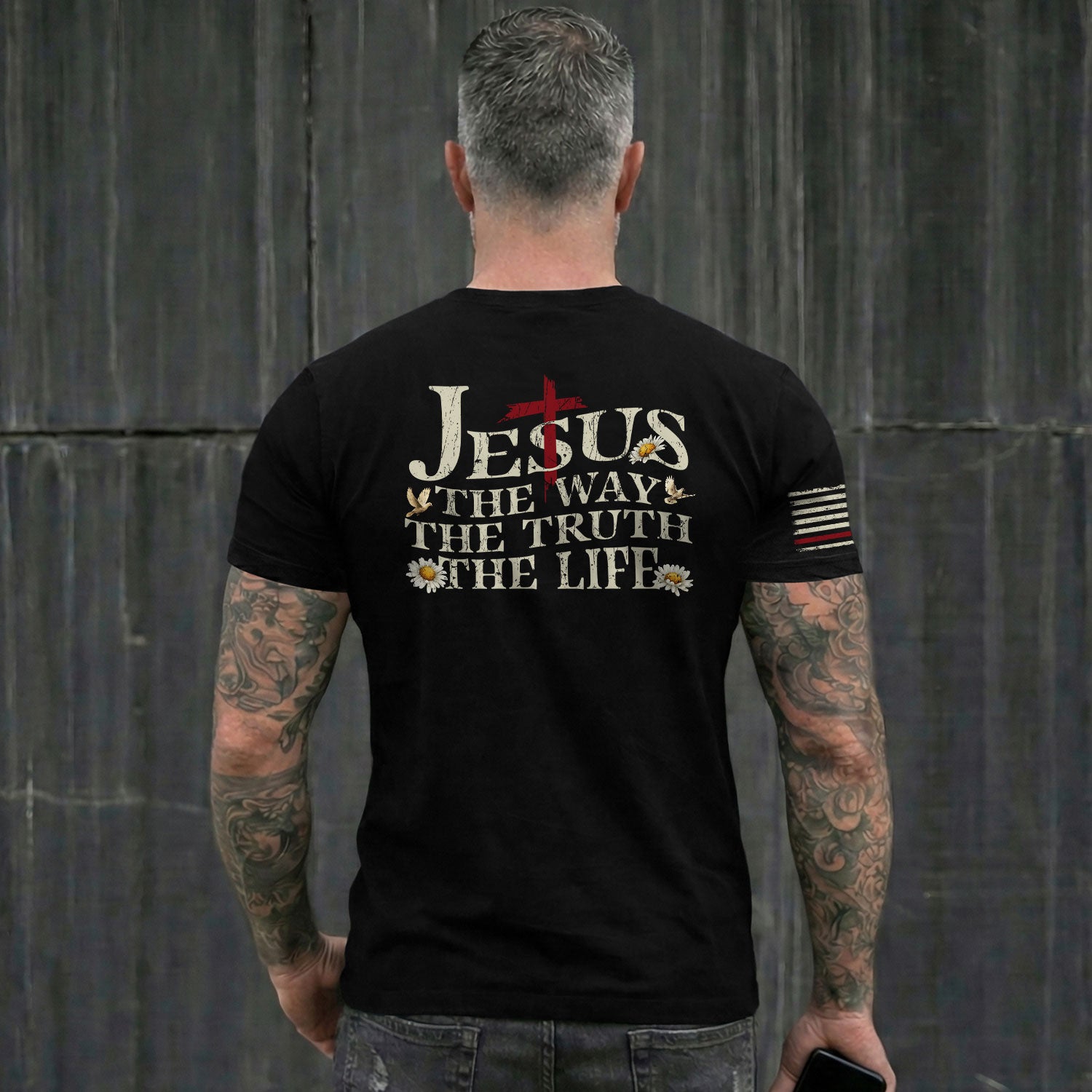 Faith Based Christian Tee Shirts, Jesus The Way The Truth The Life USA Flag Cross 2 Sided Christian - Christian Shirts for Men - Rust Field Wear