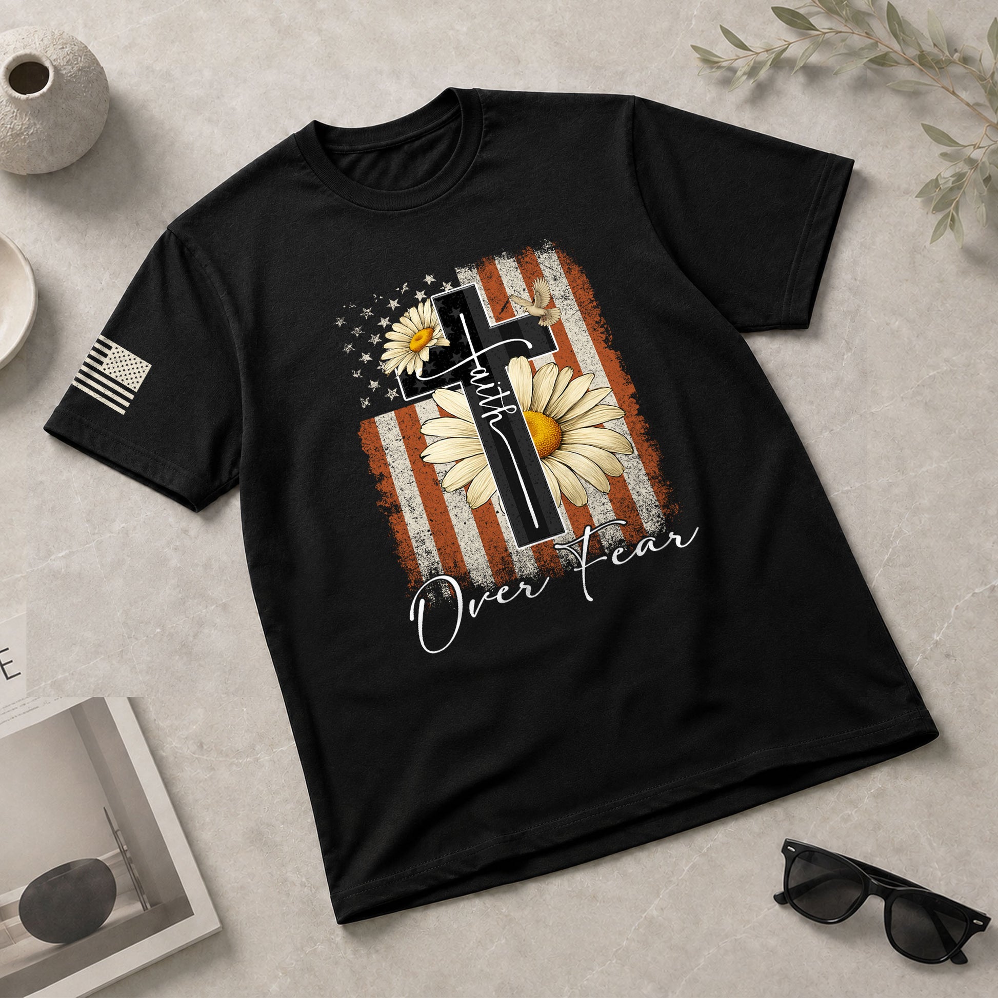 Christian Shirts for Men - Faith Over Fear Daisy Cross USA Flag Christian, Christian Tee Shirts - Rust Field Wear