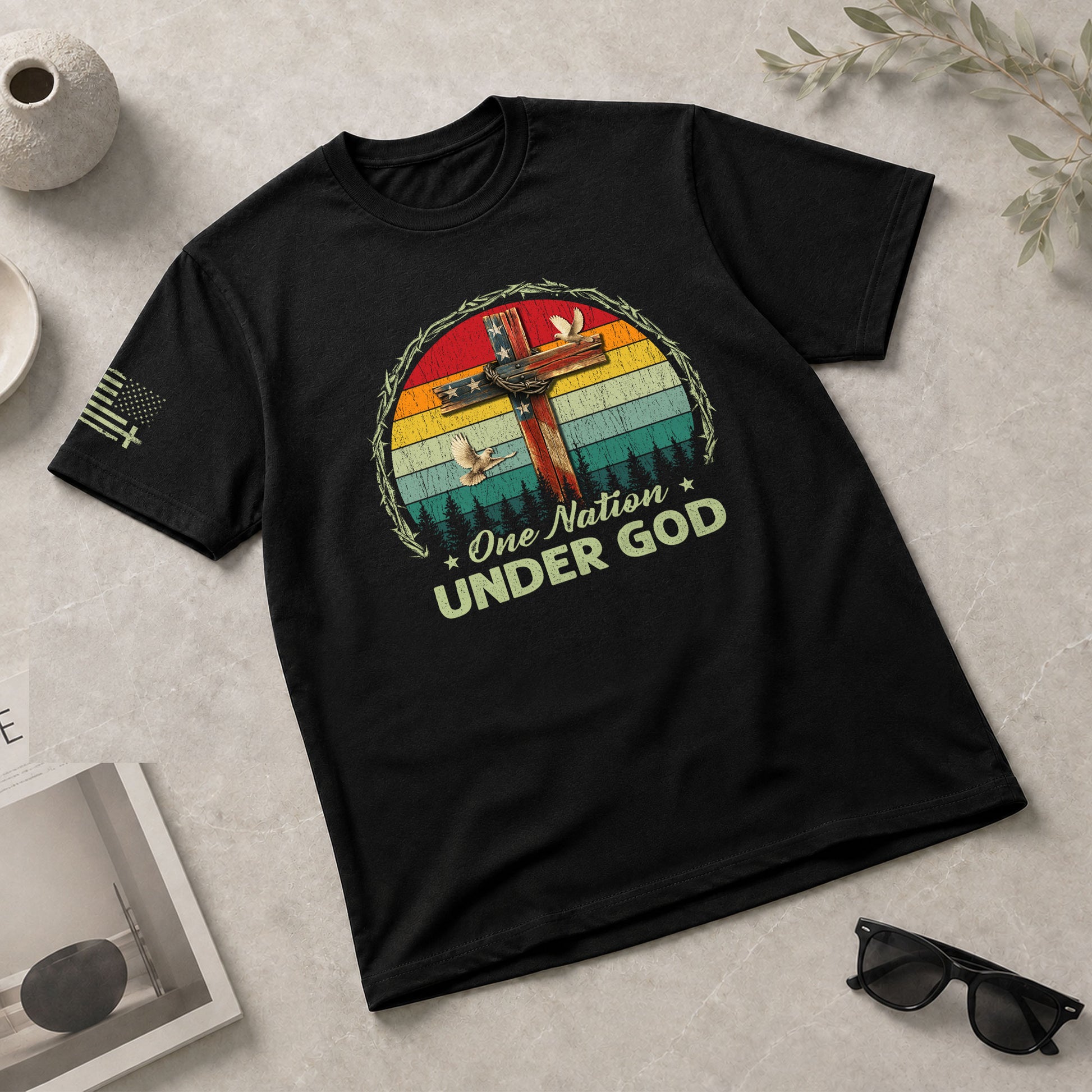 Christian Shirts for Men, One Nation Under God Retro Sunset Cross - Christian Tee Shirts - Rust Field Wear