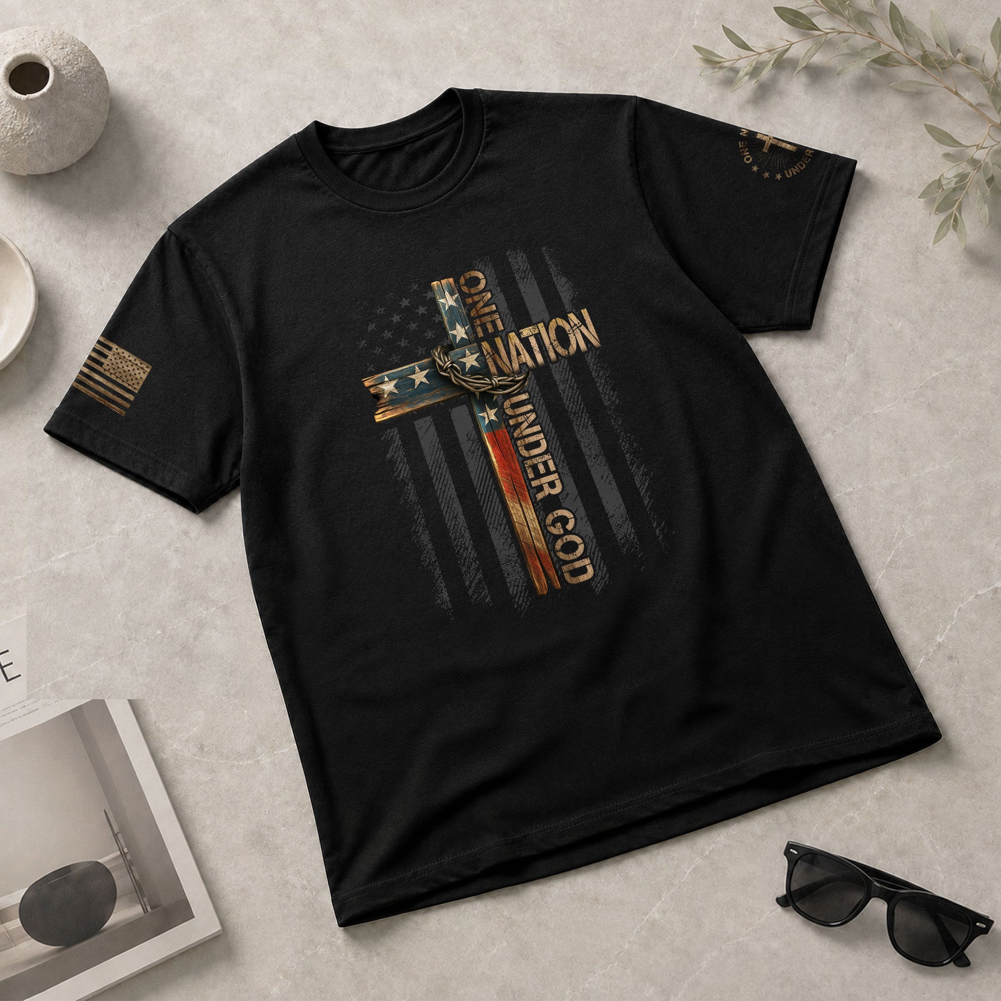 Faith Based Christian Tee Shirts, Christian Cross One Nation Under God - Christian Shirts for Men - Rust Field Wear